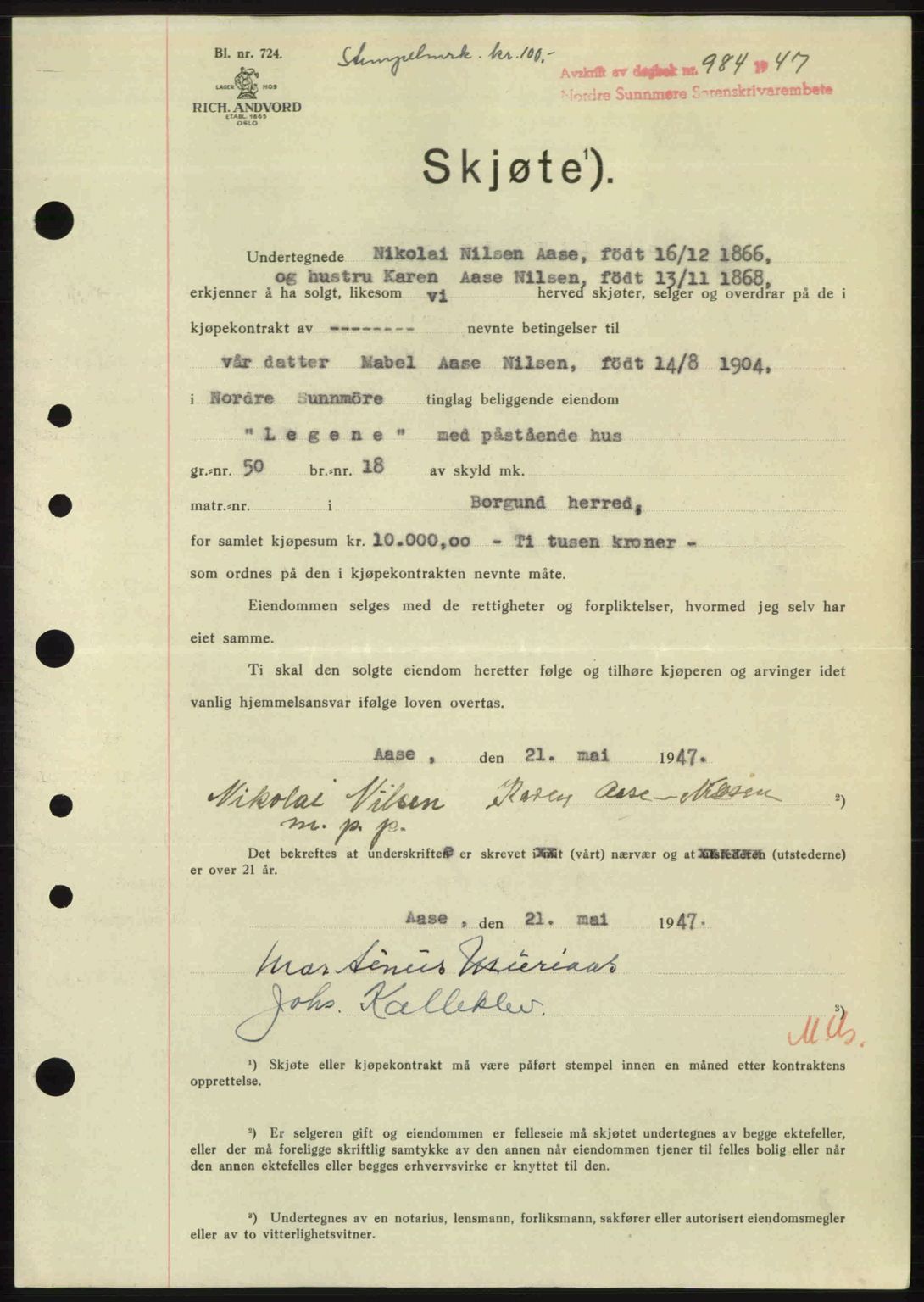 Nordre Sunnmøre sorenskriveri, AV/SAT-A-0006/1/2/2C/2Ca: Mortgage book no. A24, 1947-1947, Diary no: : 984/1947