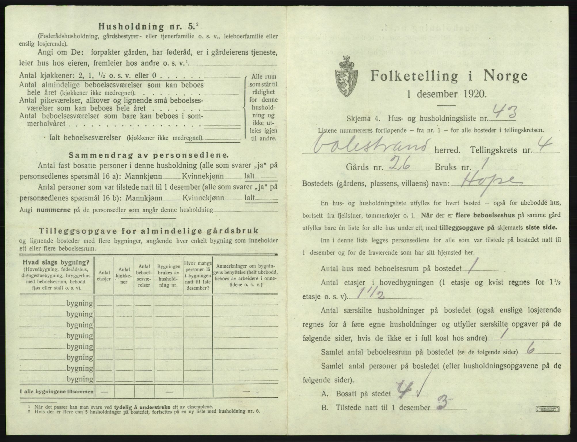 SAB, 1920 census for Valestrand, 1920, p. 327