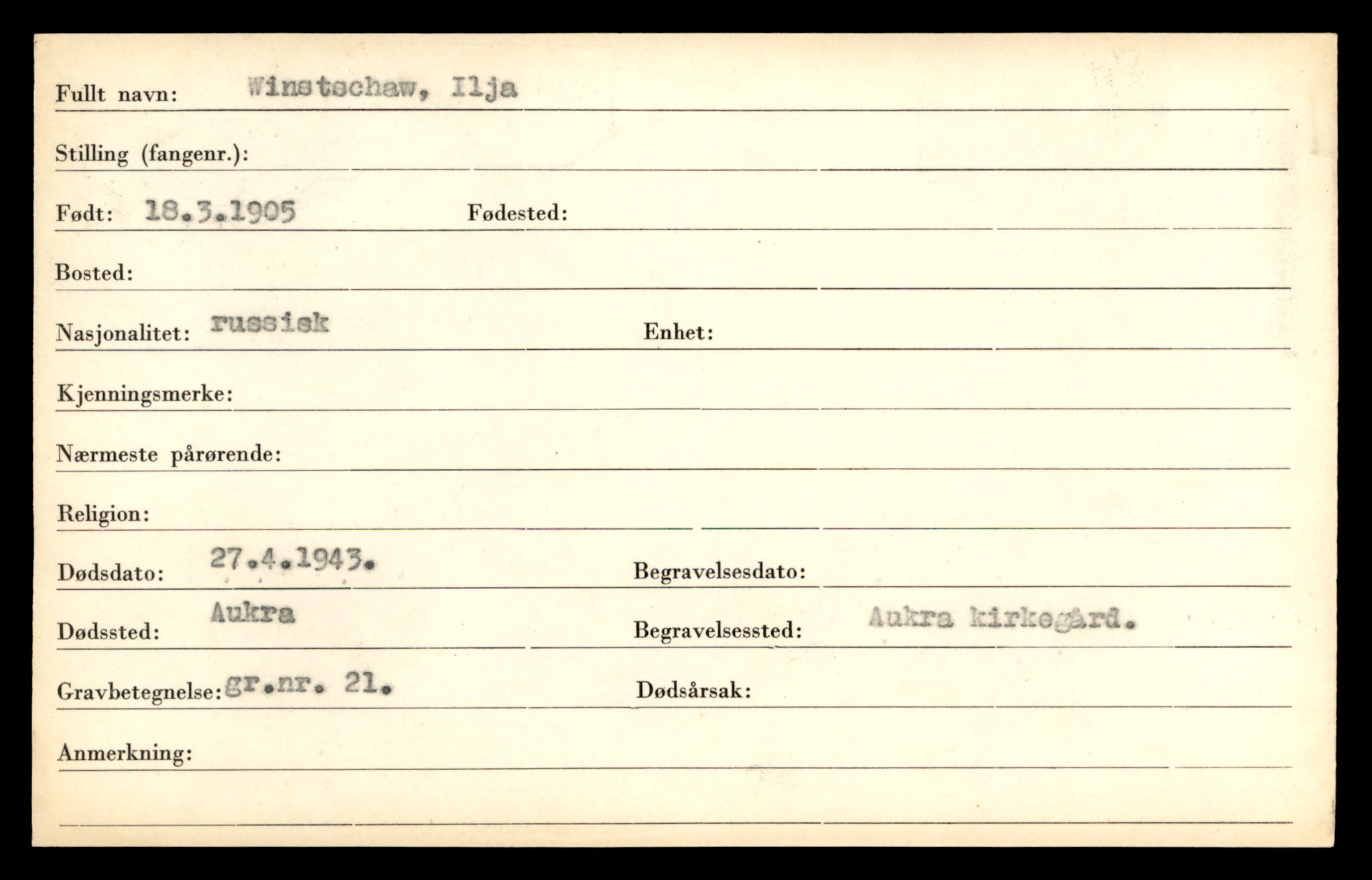 Distriktskontoret for krigsgraver, AV/SAT-A-5030/E/L0005: Kasett/kartotek over falne Britiske og tyske solater, samt andre nasjoners krigsgraver, 1945, p. 497