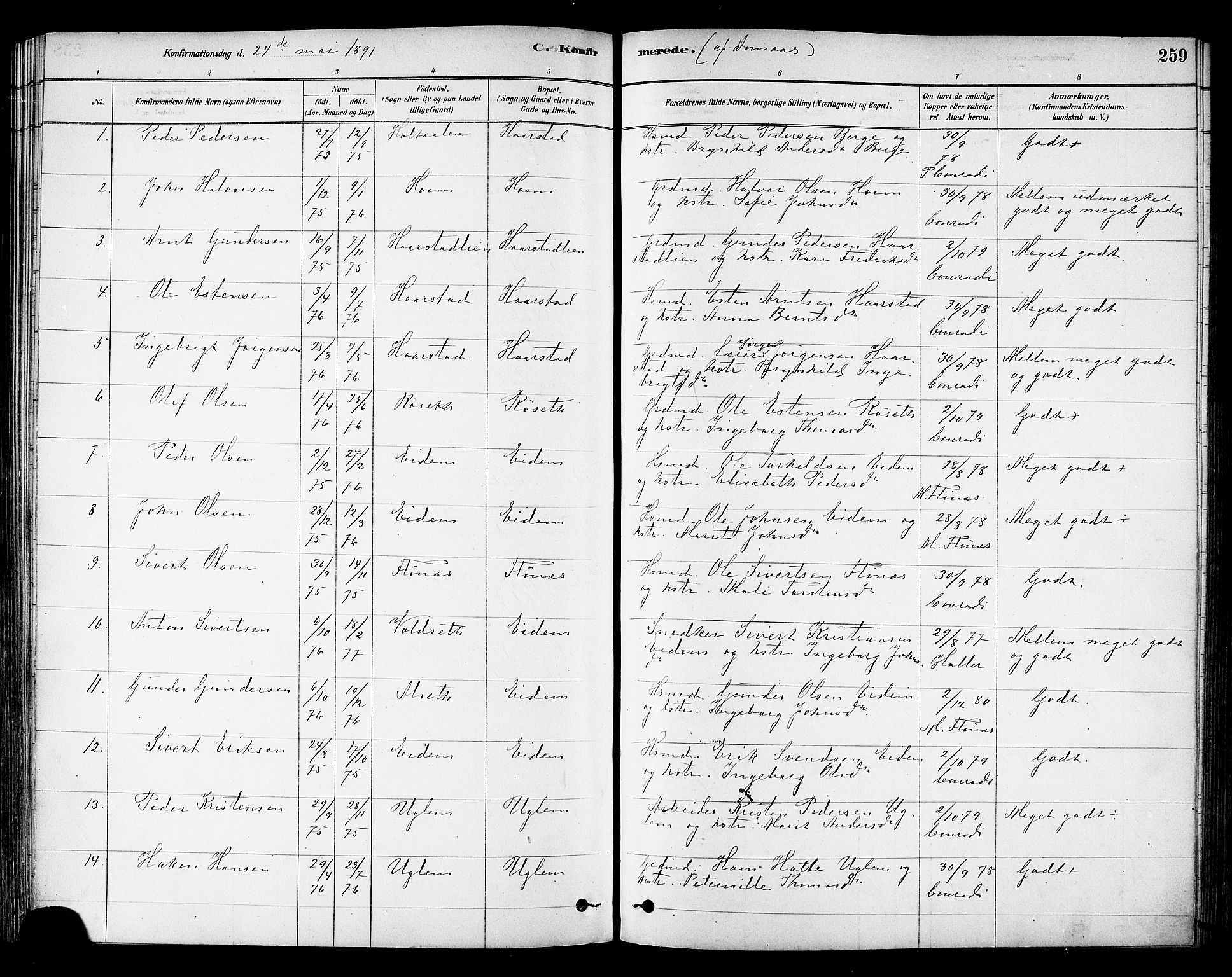 Ministerialprotokoller, klokkerbøker og fødselsregistre - Sør-Trøndelag, AV/SAT-A-1456/695/L1148: Parish register (official) no. 695A08, 1878-1891, p. 259