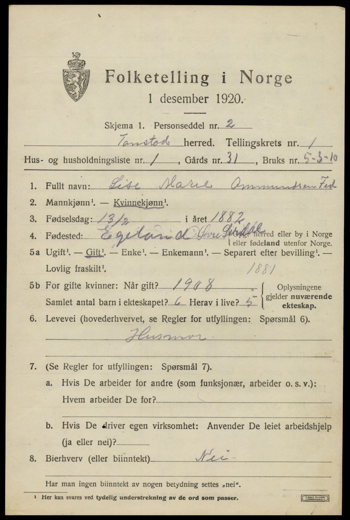 SAK, 1920 census for Tonstad, 1920, p. 330