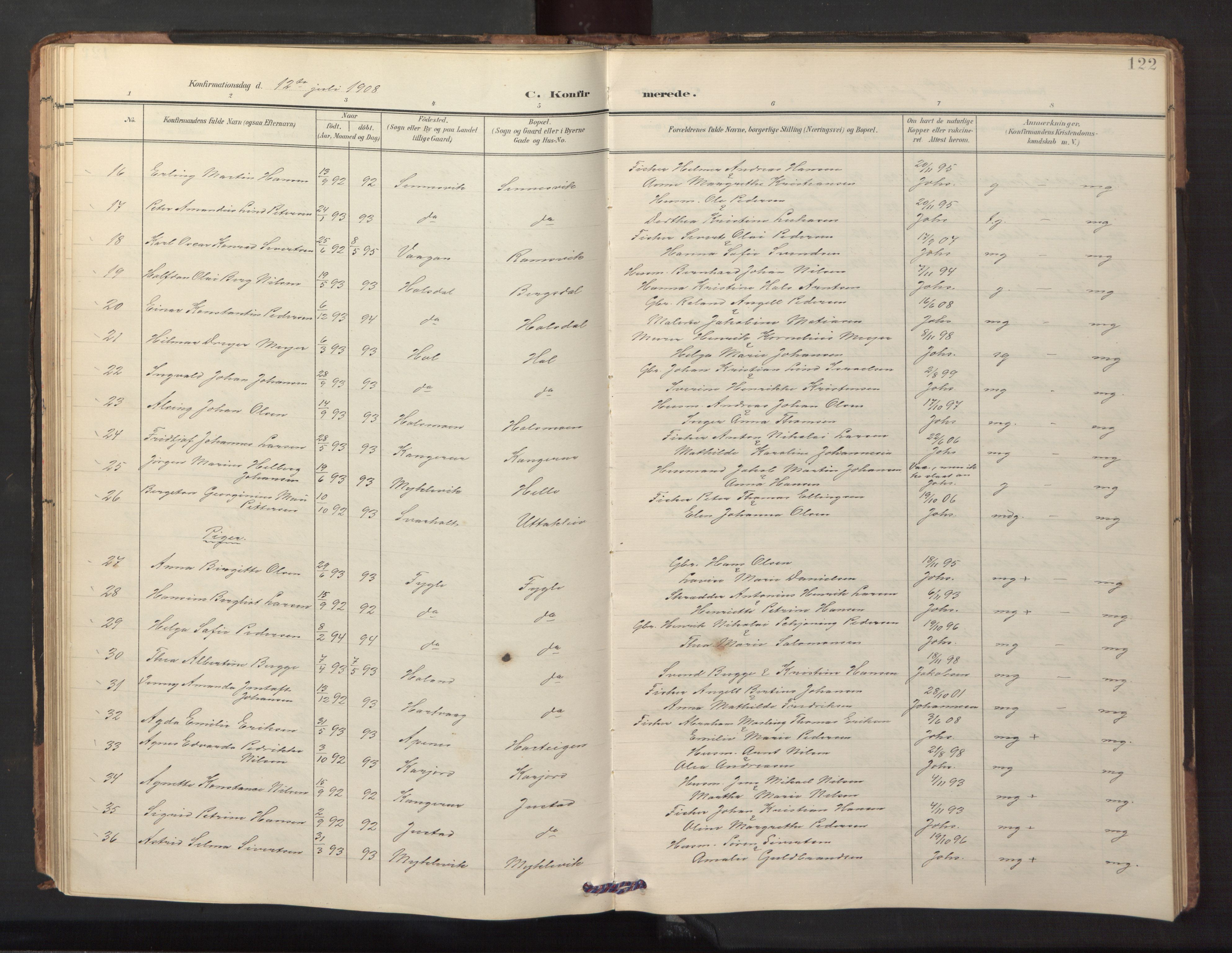 Ministerialprotokoller, klokkerbøker og fødselsregistre - Nordland, AV/SAT-A-1459/882/L1185: Parish register (copy) no. 882C03, 1898-1910, p. 122