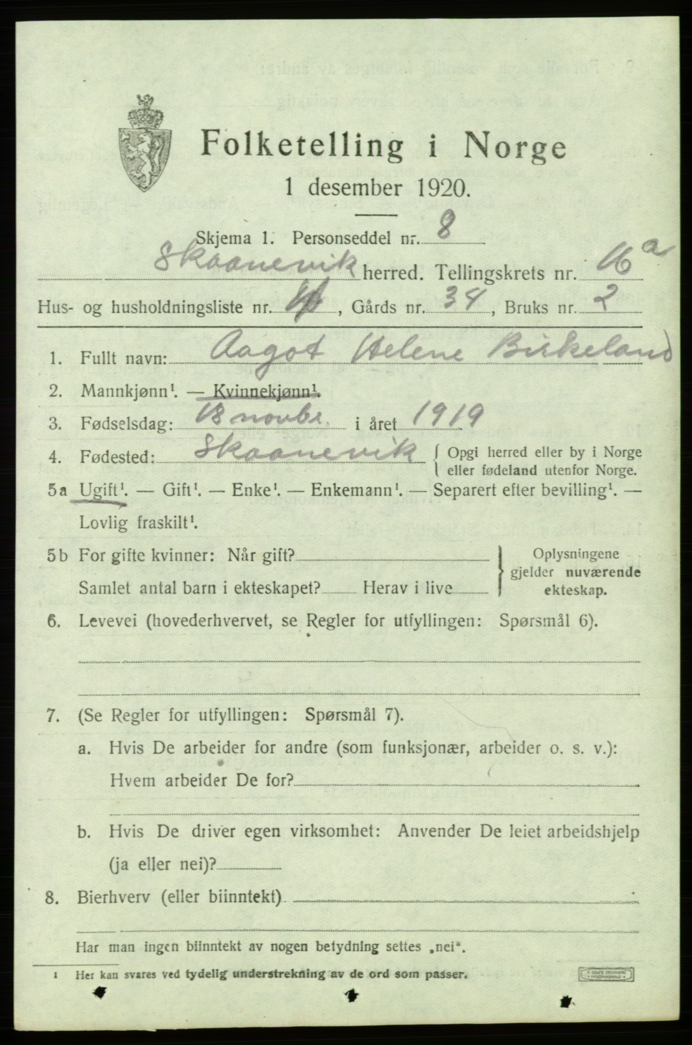 SAB, 1920 census for Skånevik, 1920, p. 6381