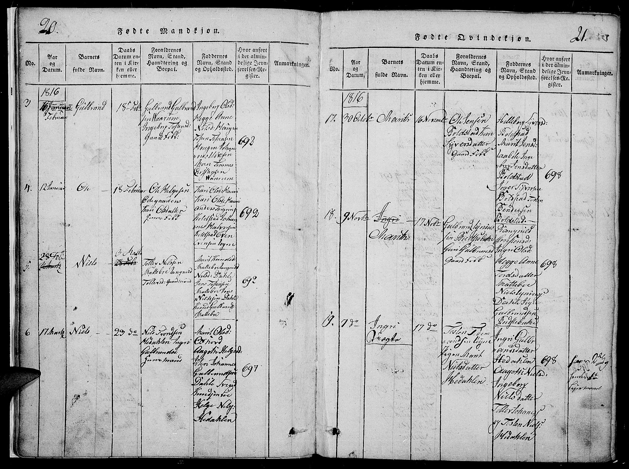 Slidre prestekontor, SAH/PREST-134/H/Ha/Hab/L0002: Parish register (copy) no. 2, 1814-1839, p. 20-21