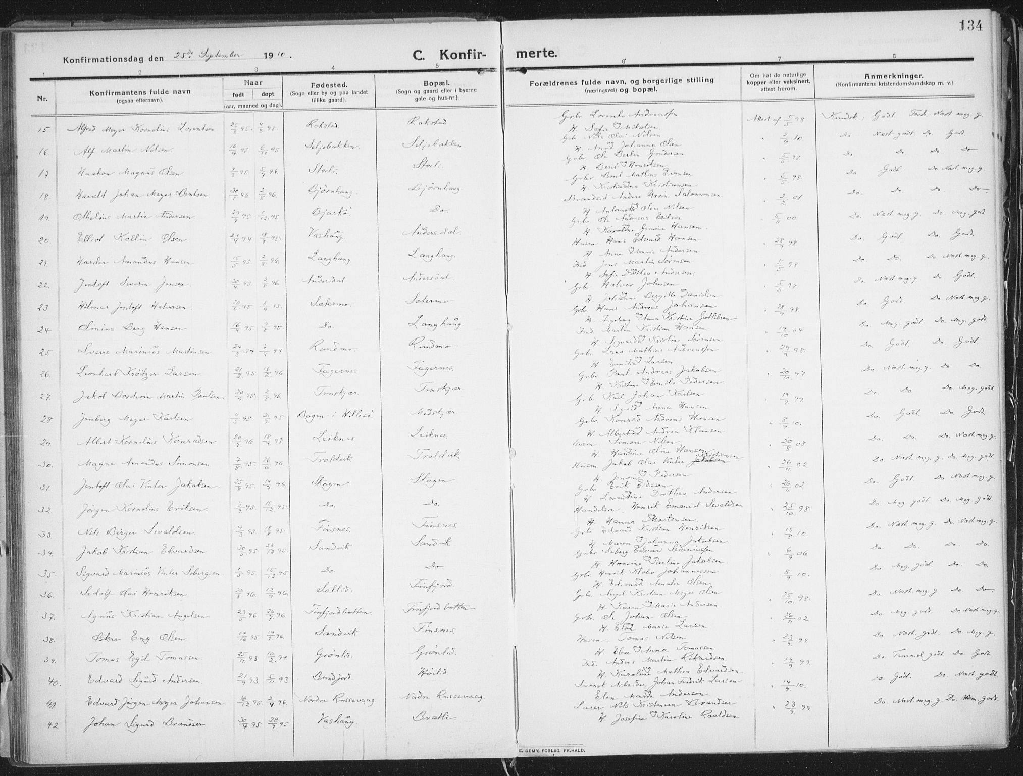 Lenvik sokneprestembete, AV/SATØ-S-1310/H/Ha/Haa/L0016kirke: Parish register (official) no. 16, 1910-1924, p. 134