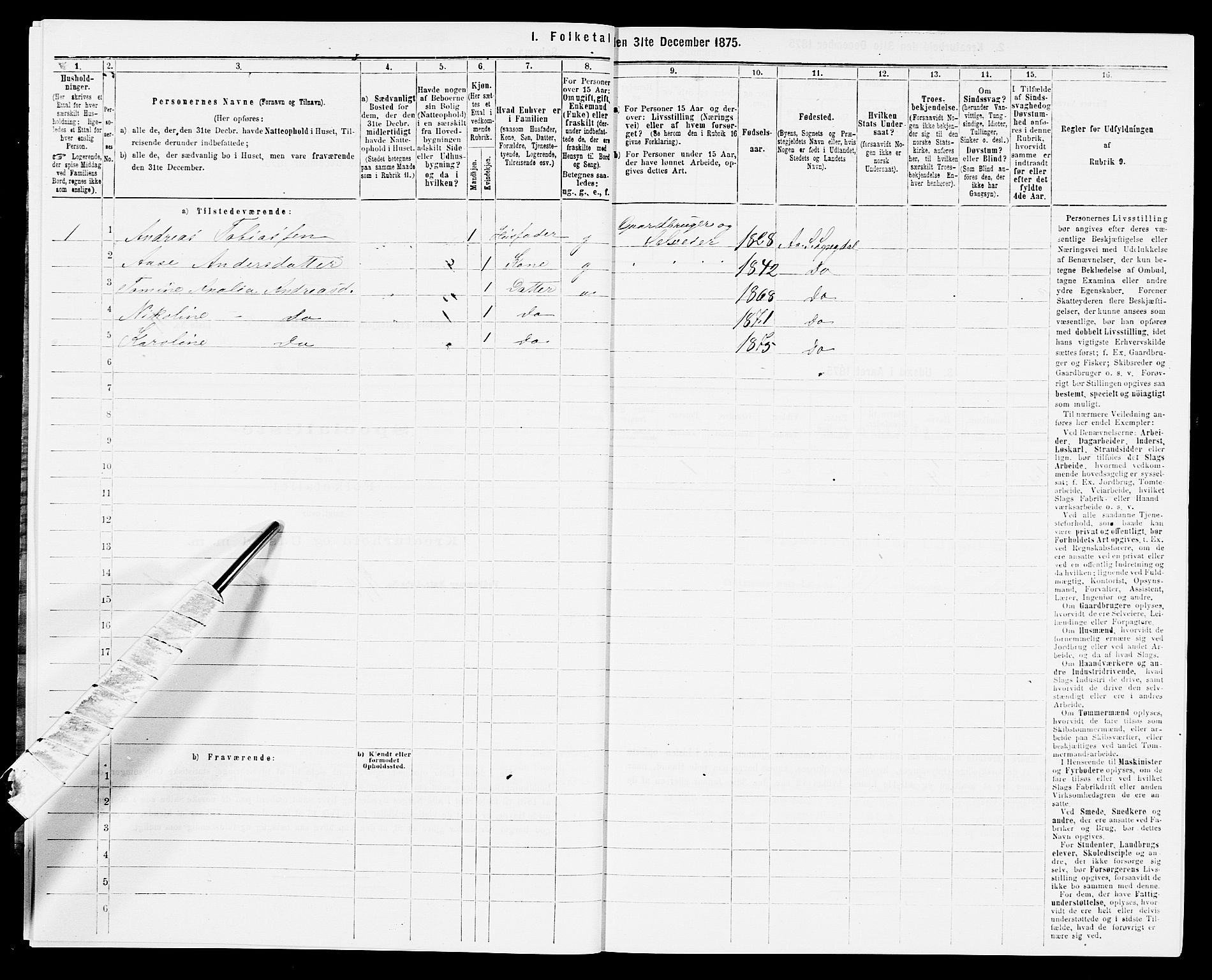 SAK, 1875 census for 1032P Lyngdal, 1875, p. 1365