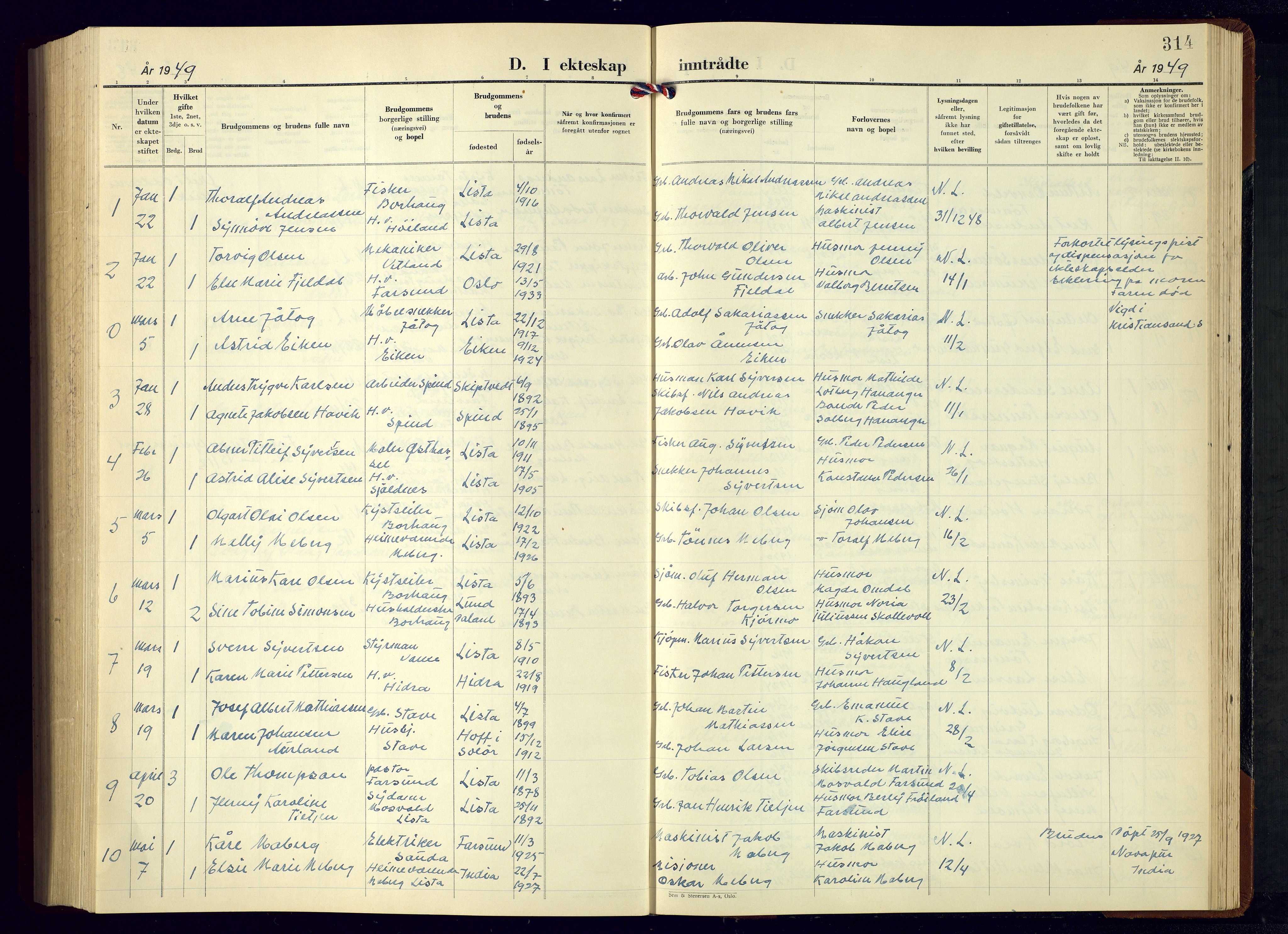 Lista sokneprestkontor, SAK/1111-0027/F/Fb/L0007: Parish register (copy) no. B 7, 1943-1970, p. 314