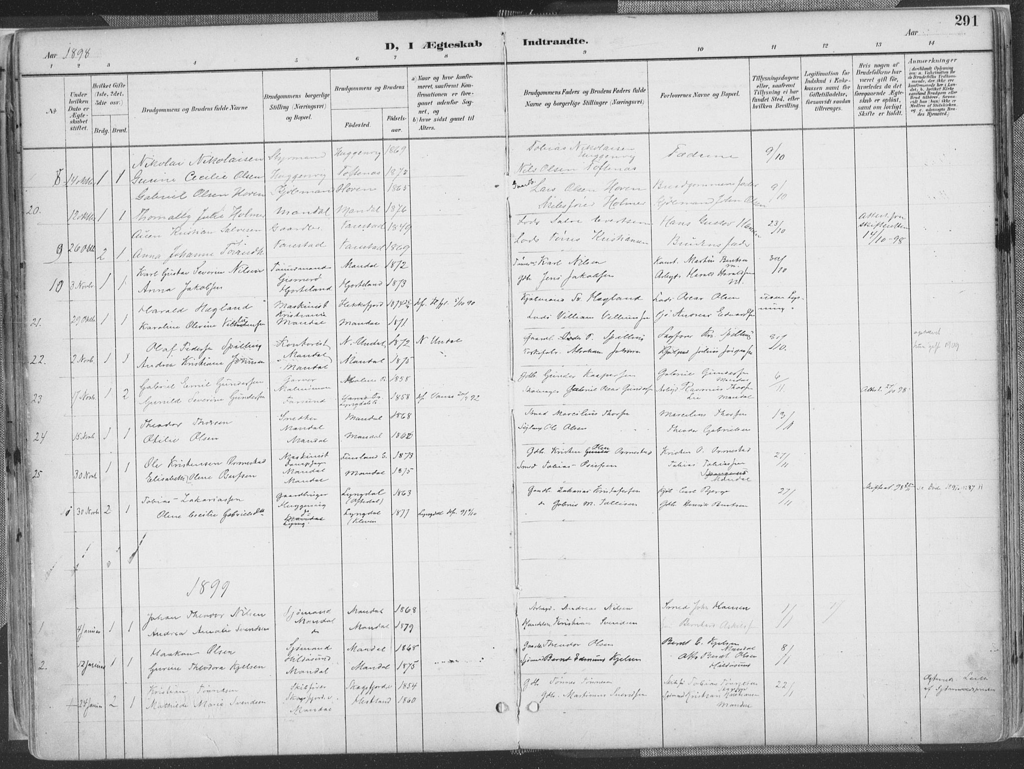 Mandal sokneprestkontor, SAK/1111-0030/F/Fa/Faa/L0018: Parish register (official) no. A 18, 1890-1905, p. 291