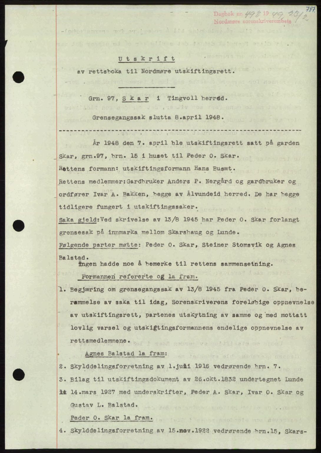 Nordmøre sorenskriveri, AV/SAT-A-4132/1/2/2Ca: Mortgage book no. A110, 1948-1949, Diary no: : 493/1949