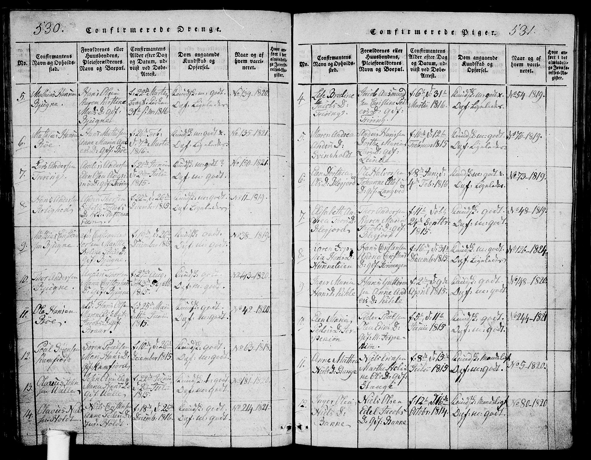 Ramnes kirkebøker, AV/SAKO-A-314/G/Ga/L0001: Parish register (copy) no. I 1, 1813-1847, p. 530-531