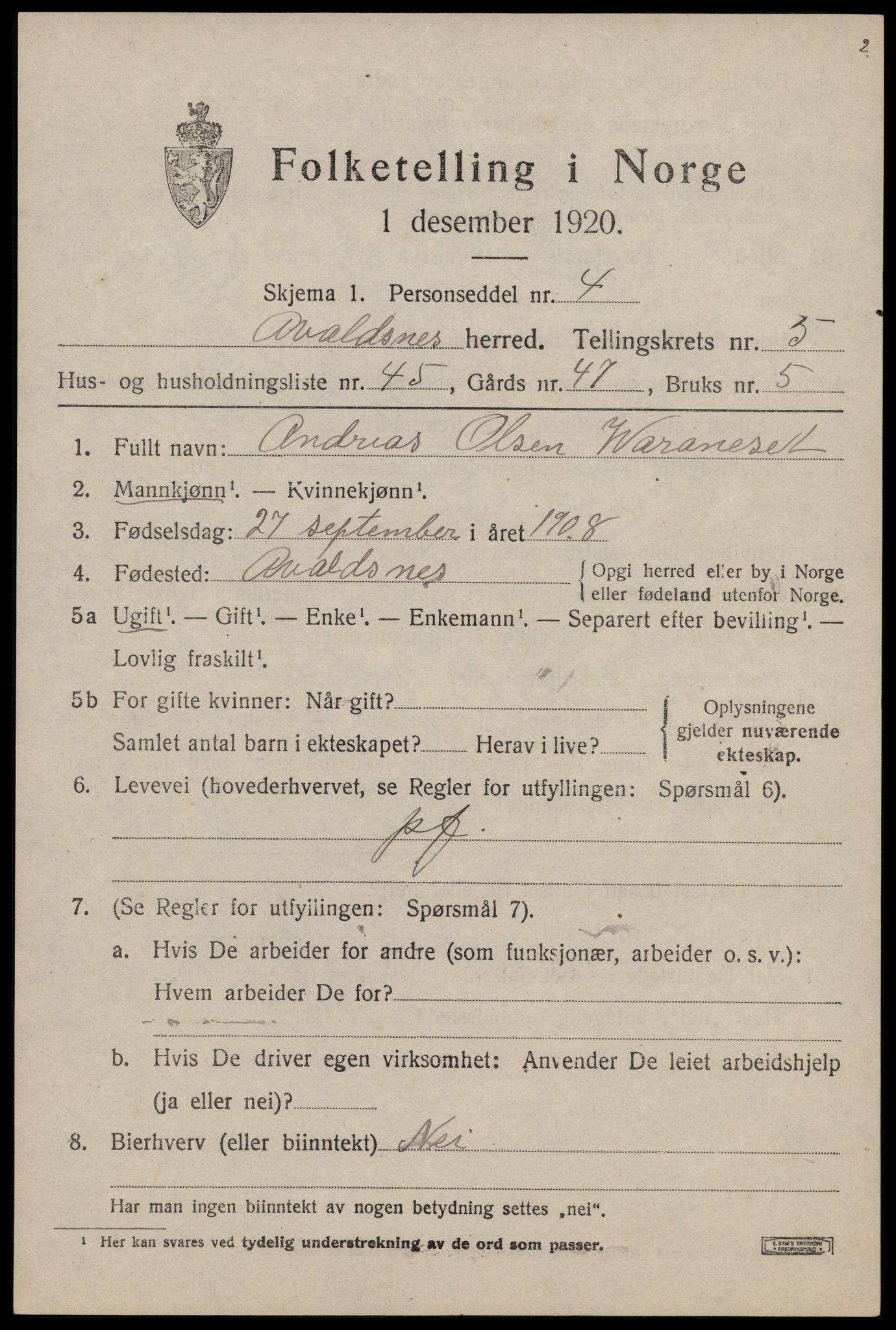 SAST, 1920 census for Avaldsnes, 1920, p. 5641