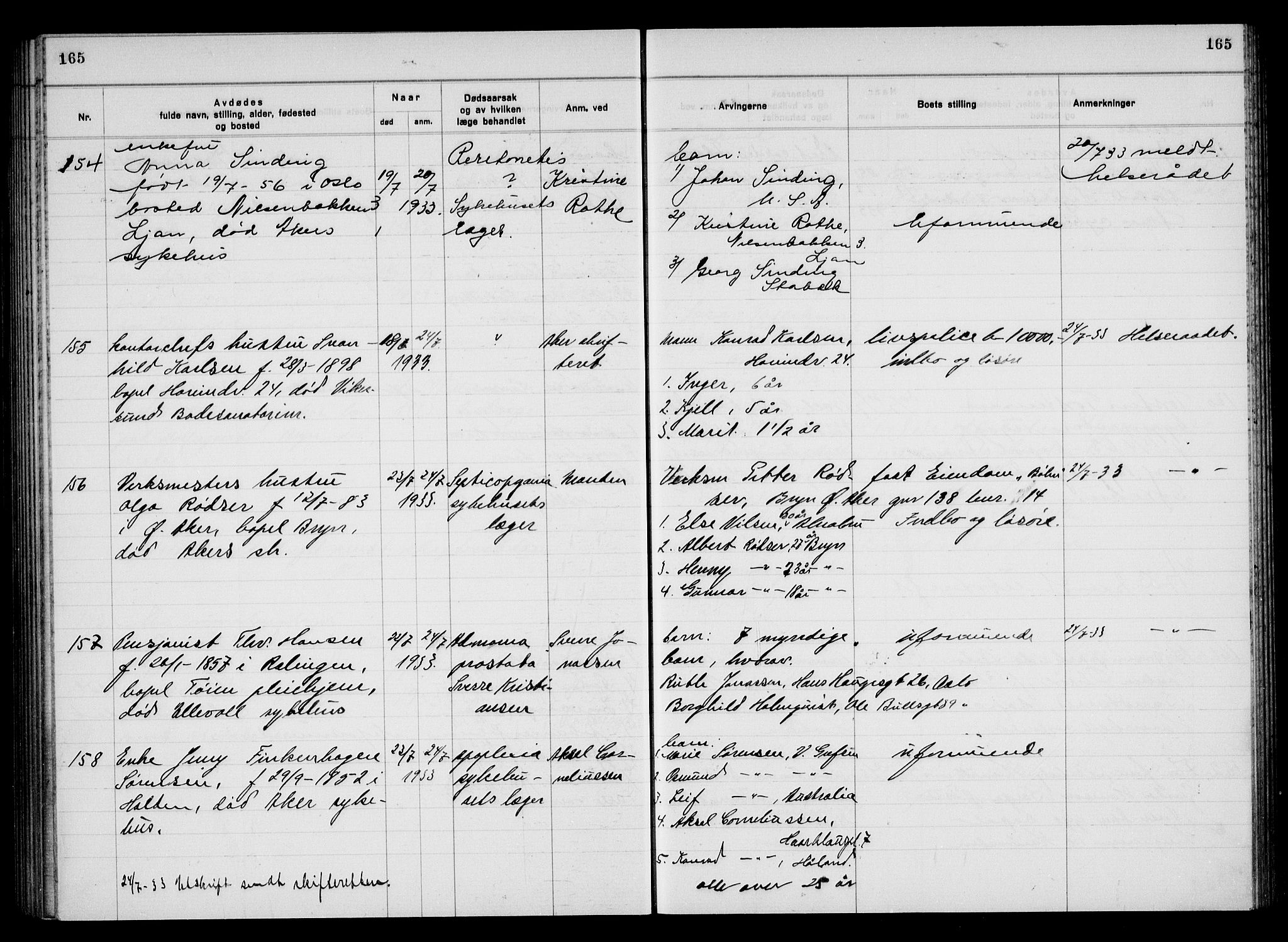 Aker kriminaldommer, skifte- og auksjonsforvalterembete, AV/SAO-A-10452/H/Hb/Hba/Hbac/L0003: Dødsfallsprotokoll for Østre Aker, 1931-1935, p. 165