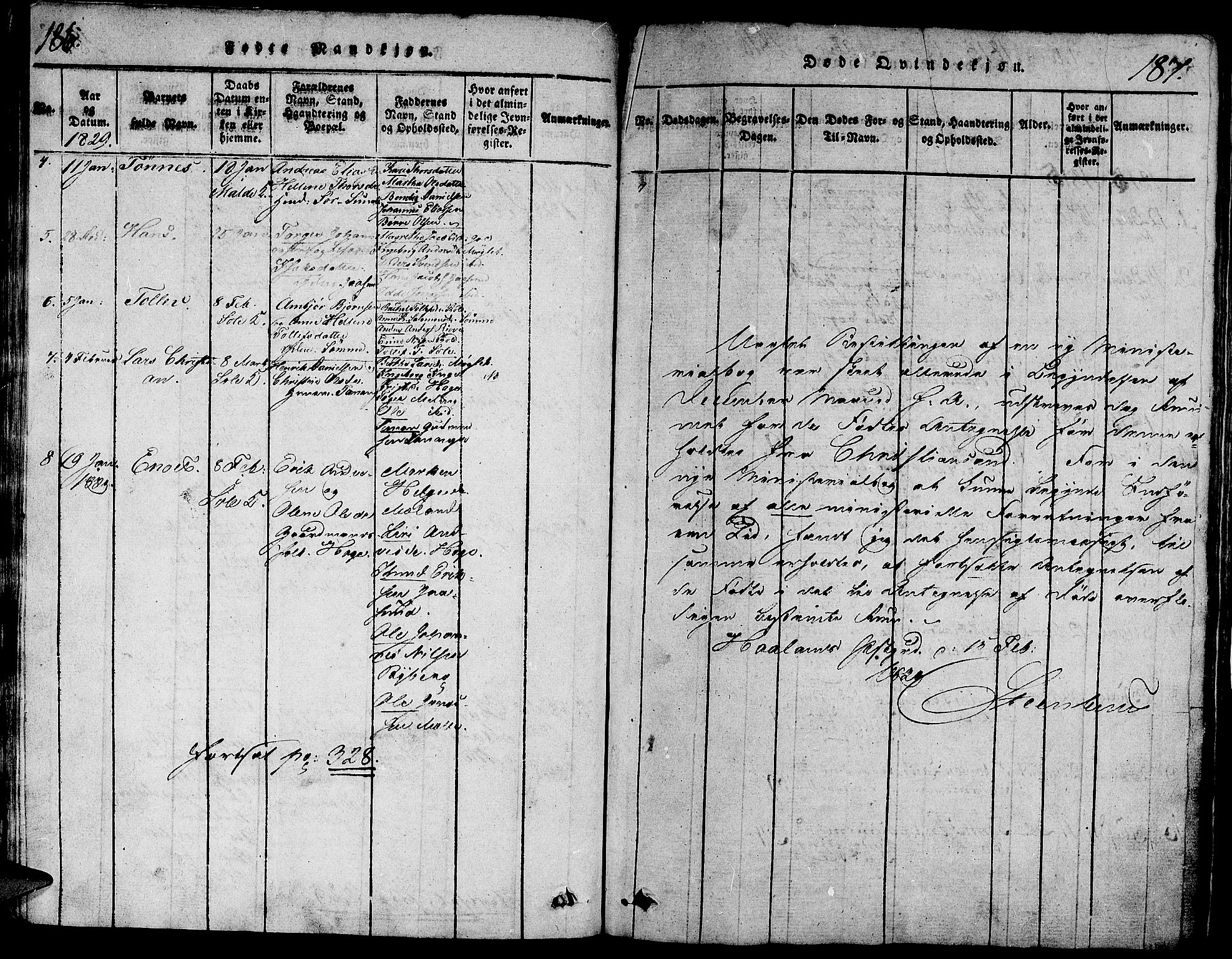 Håland sokneprestkontor, AV/SAST-A-101802/001/30BA/L0004: Parish register (official) no. A 4, 1815-1829, p. 186-187