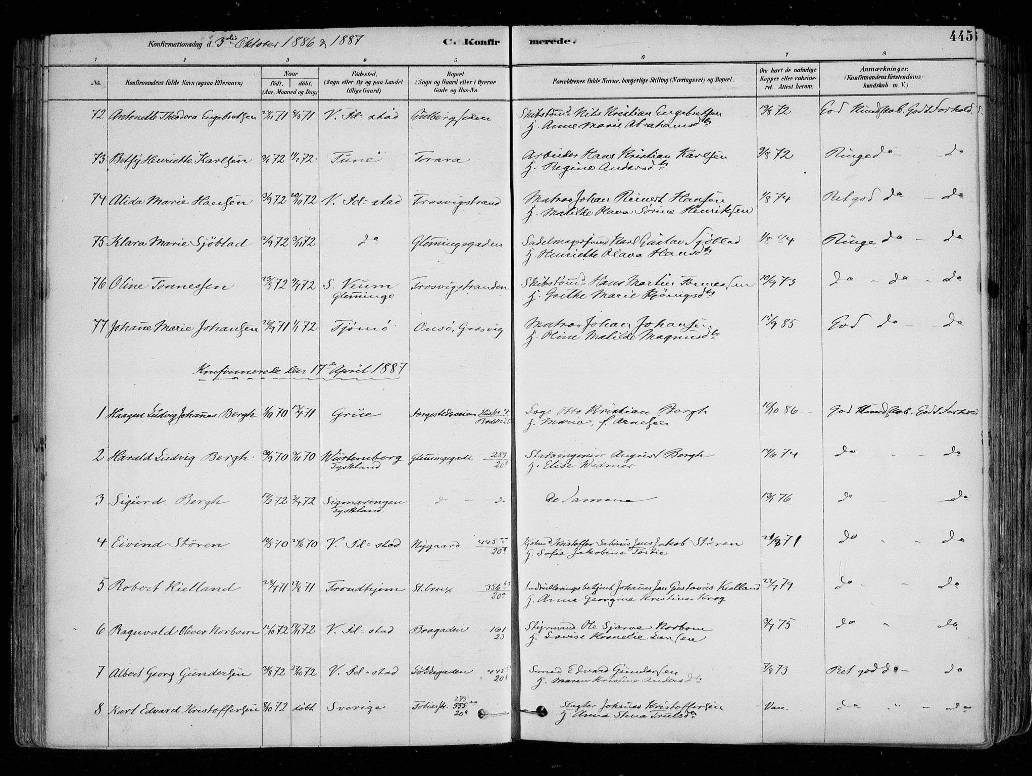 Fredrikstad domkirkes prestekontor Kirkebøker, AV/SAO-A-10906/F/Fa/L0004: Parish register (official) no. 4, 1878-1907, p. 445