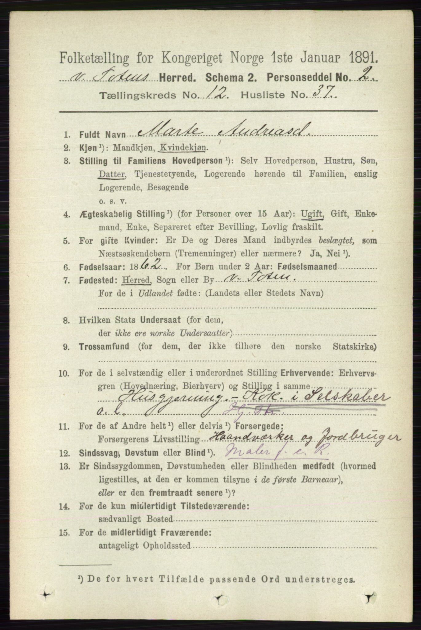 RA, 1891 census for 0529 Vestre Toten, 1891, p. 7508