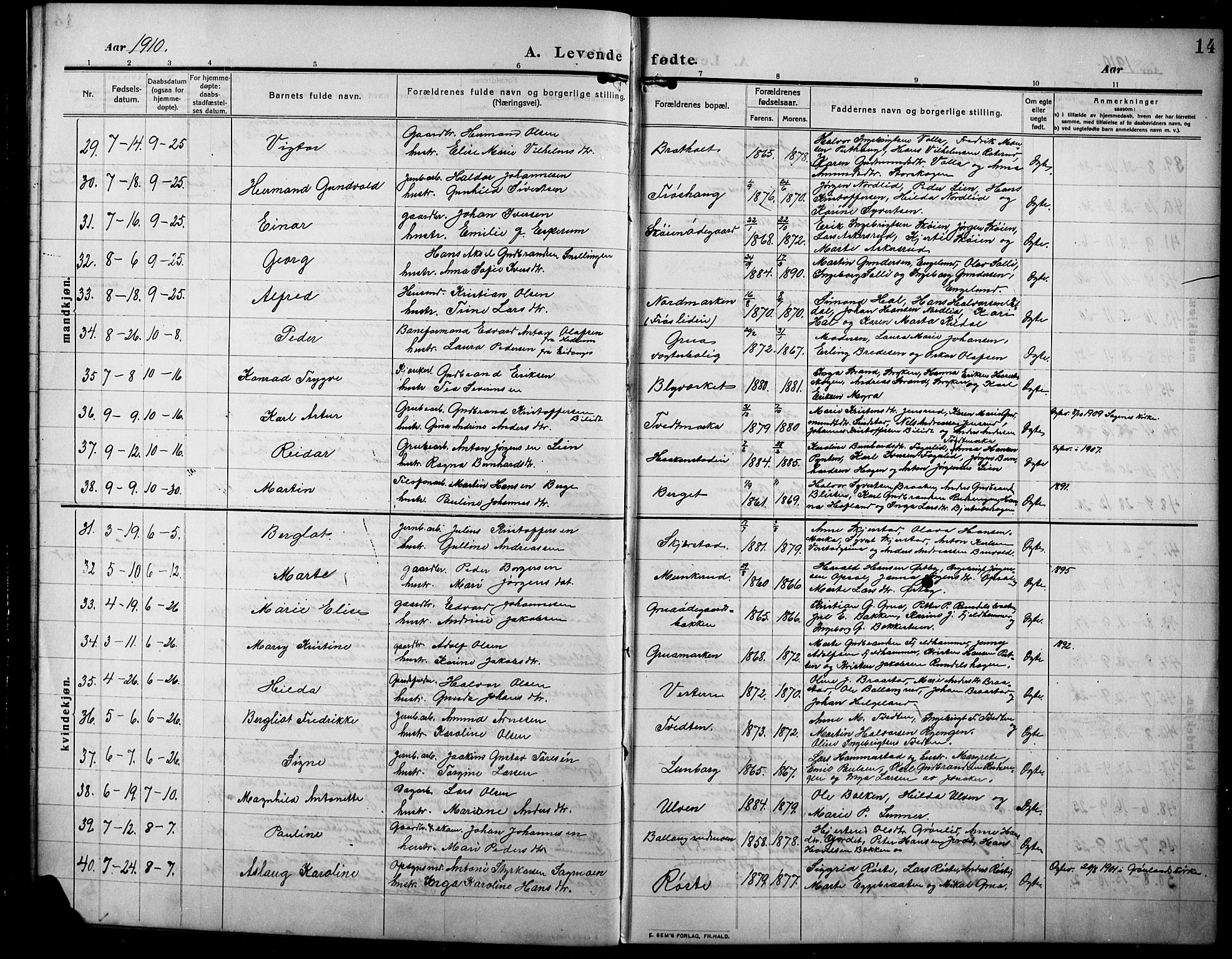 Lunner prestekontor, AV/SAH-PREST-118/H/Ha/Hab/L0001: Parish register (copy) no. 1, 1909-1922, p. 14