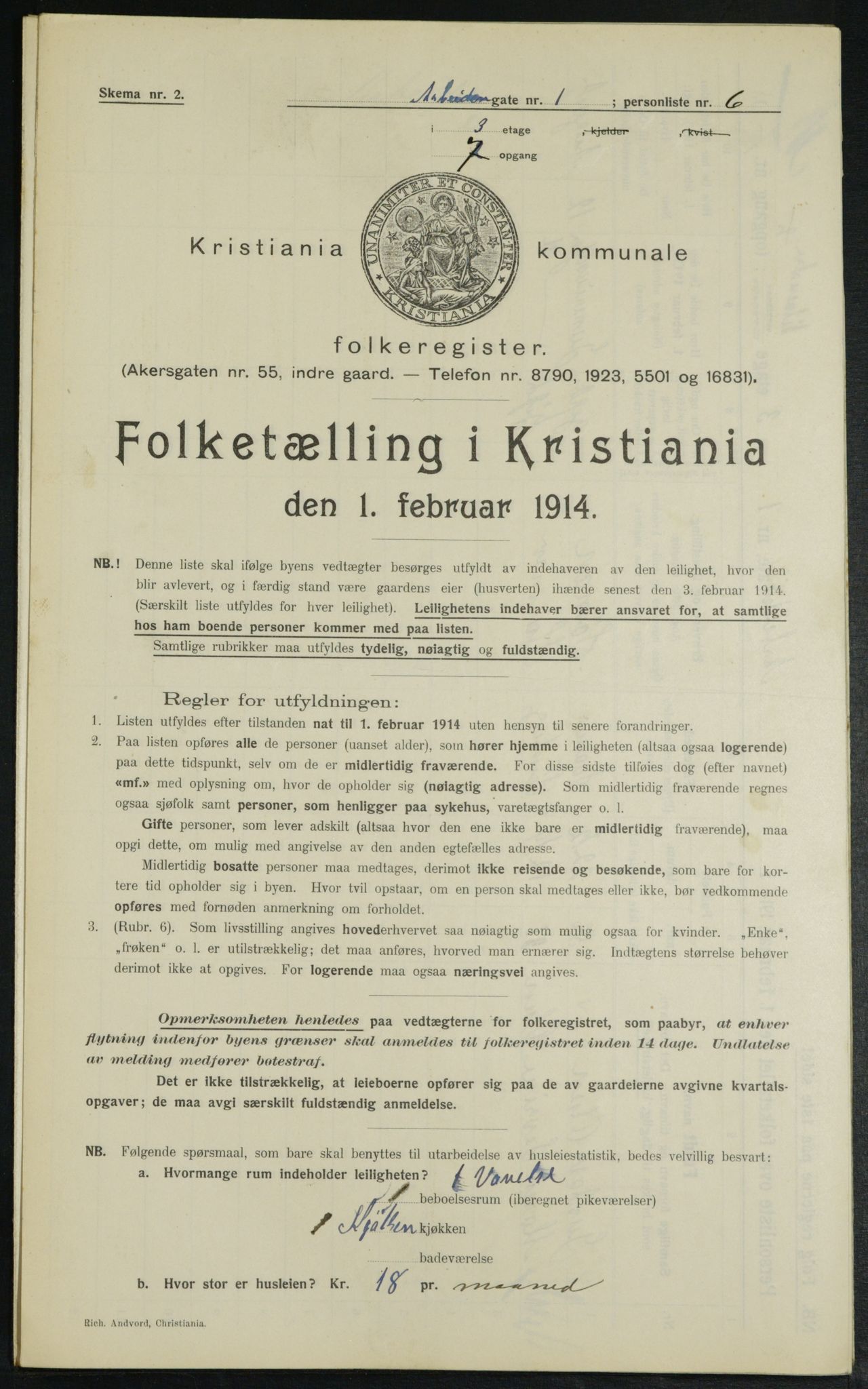 OBA, Municipal Census 1914 for Kristiania, 1914, p. 1491