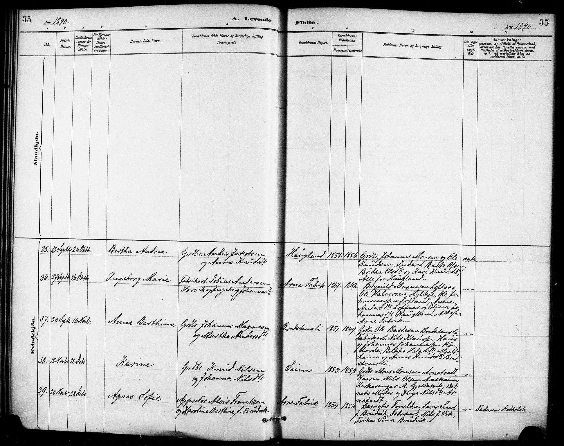 Haus sokneprestembete, SAB/A-75601/H/Haa/Haad/L0001: Parish register (official) no. D 1, 1887-1898, p. 35