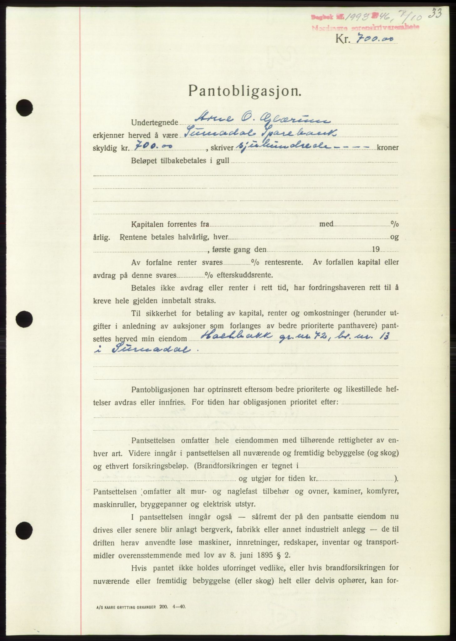 Nordmøre sorenskriveri, AV/SAT-A-4132/1/2/2Ca: Mortgage book no. B95, 1946-1947, Diary no: : 1993/1946