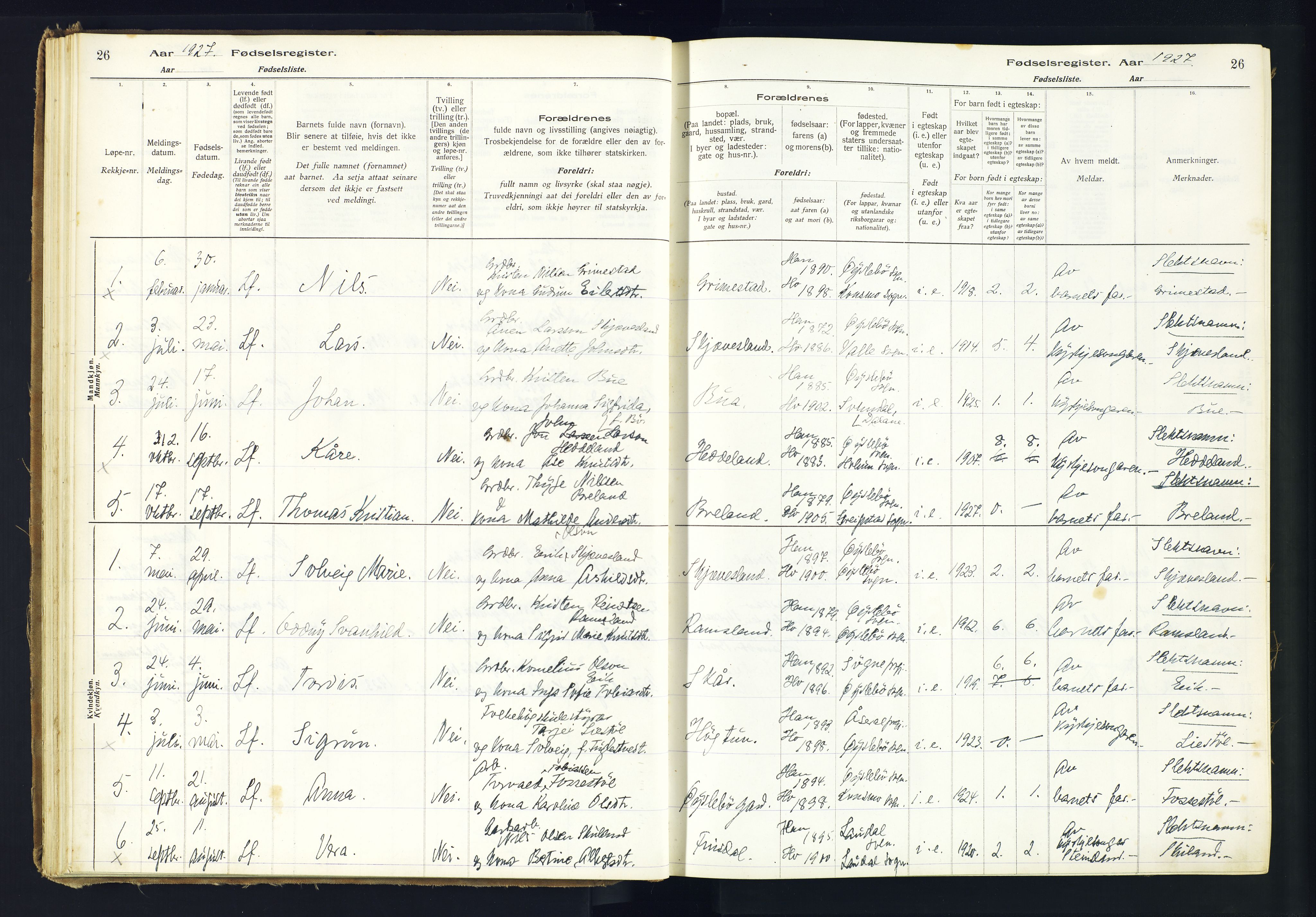 Holum sokneprestkontor, AV/SAK-1111-0022/J/Ja/L0002: Birth register no. II.6.11, 1916-1982, p. 26