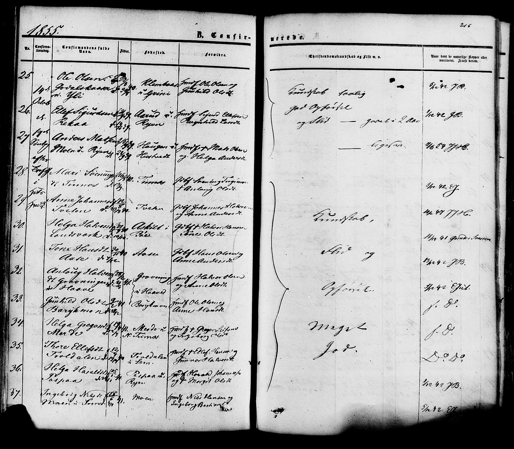 Heddal kirkebøker, AV/SAKO-A-268/F/Fa/L0007: Parish register (official) no. I 7, 1855-1877, p. 216