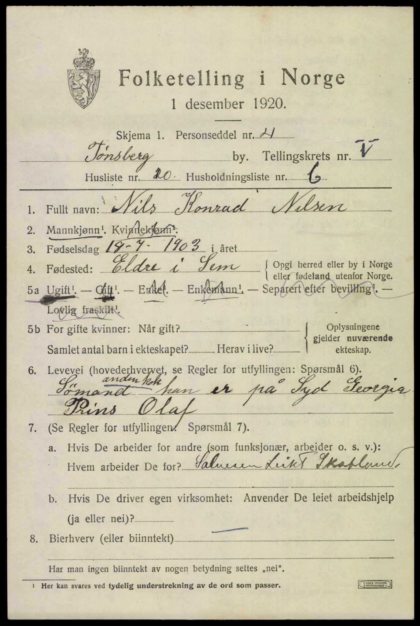 SAKO, 1920 census for Tønsberg, 1920, p. 13775