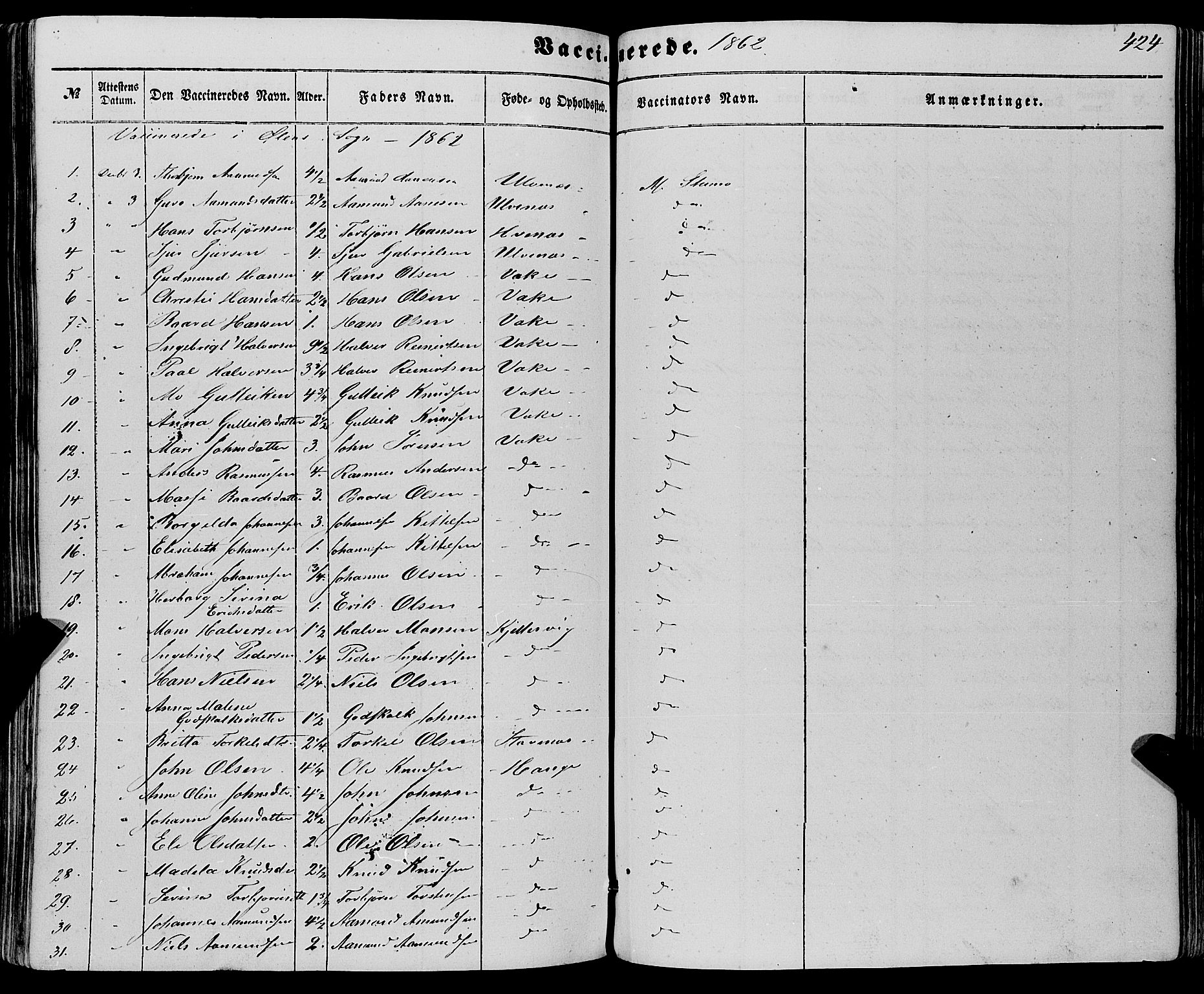 Fjelberg sokneprestembete, SAB/A-75201/H/Haa: Parish register (official) no. A 7, 1851-1867, p. 424