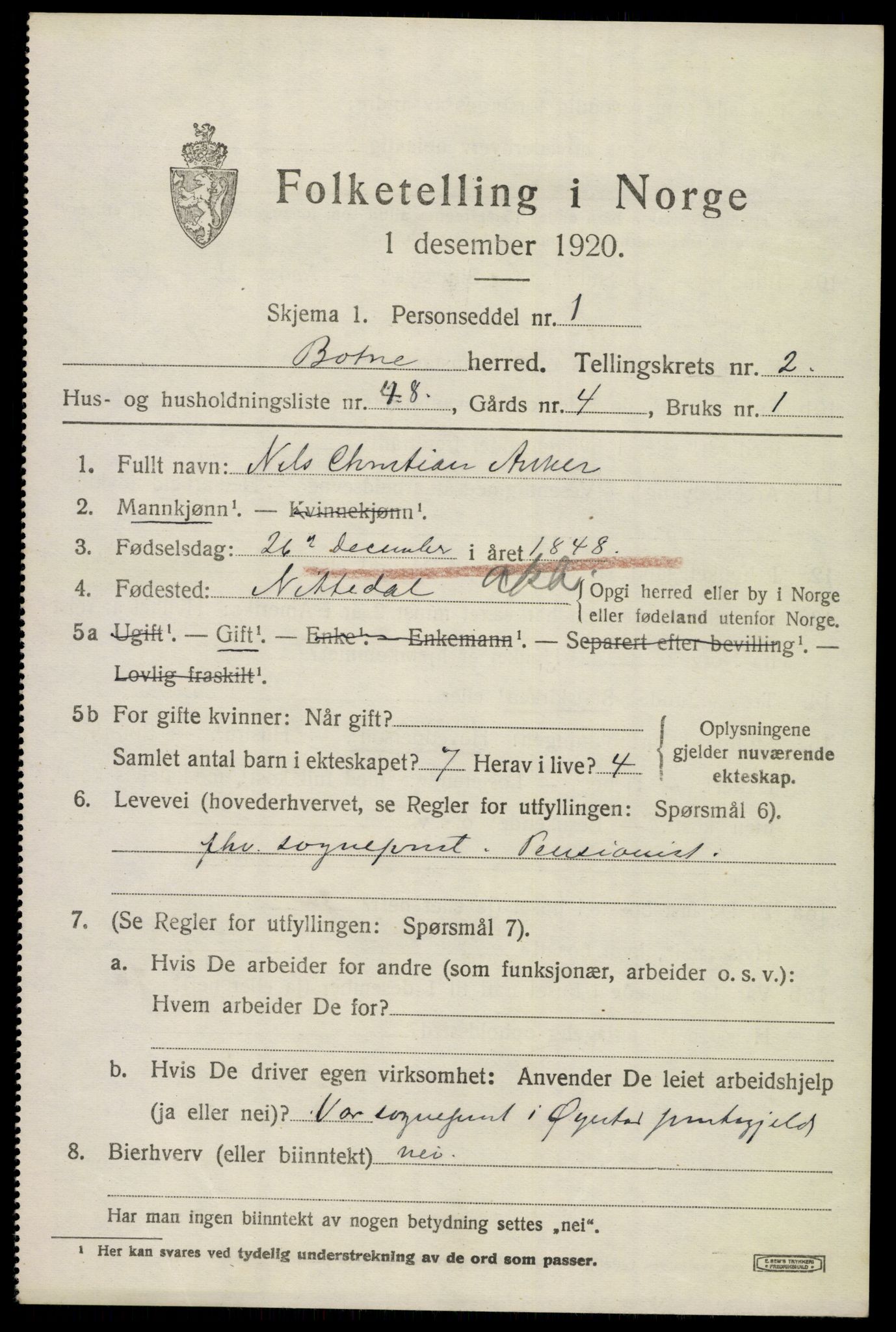 SAKO, 1920 census for Botne, 1920, p. 2901