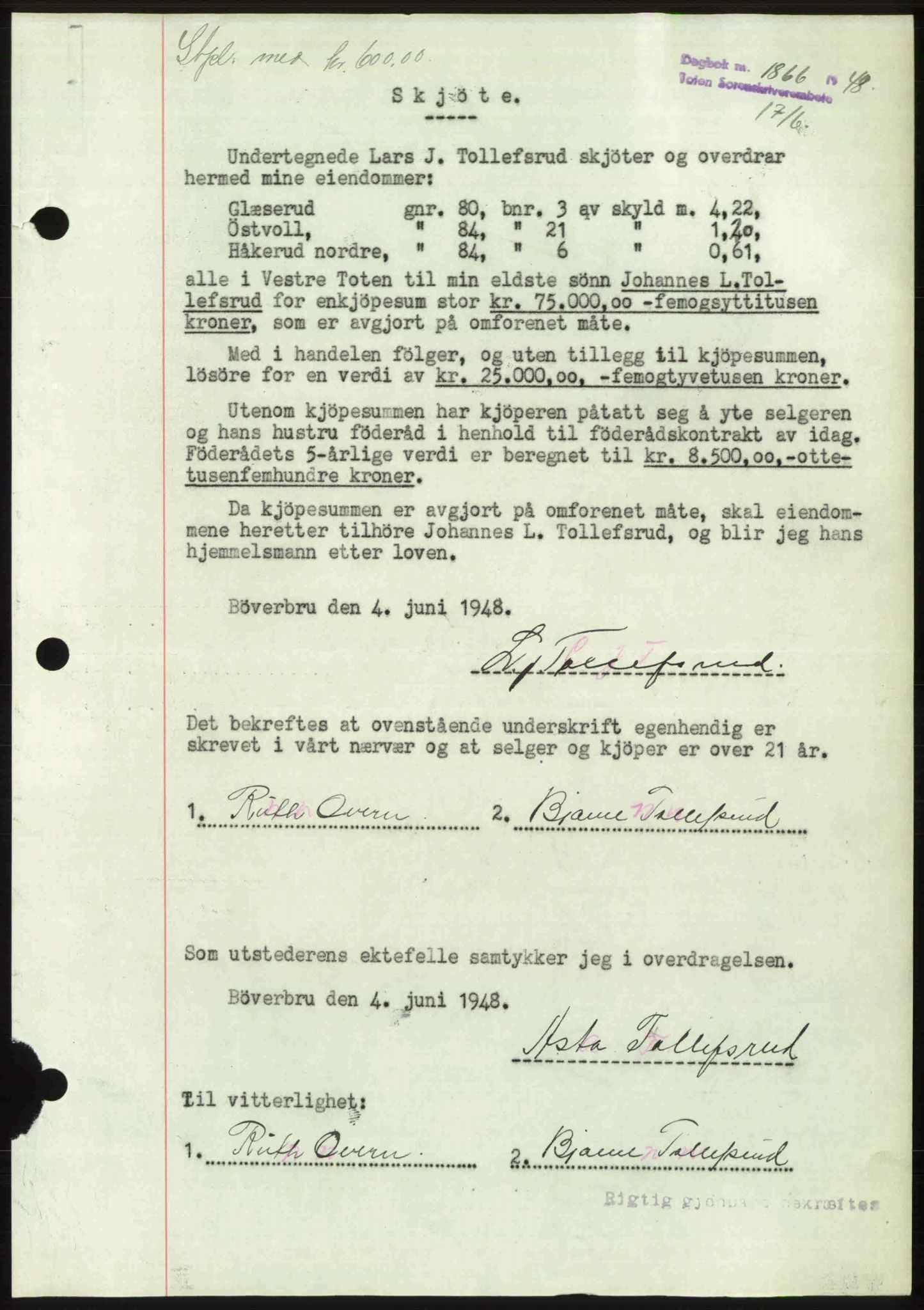 Toten tingrett, SAH/TING-006/H/Hb/Hbc/L0020: Mortgage book no. Hbc-20, 1948-1948, Diary no: : 1866/1948