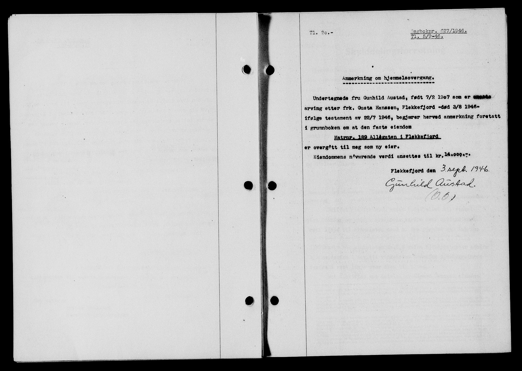 Flekkefjord sorenskriveri, SAK/1221-0001/G/Gb/Gba/L0060: Mortgage book no. A-8, 1945-1946, Diary no: : 627/1946