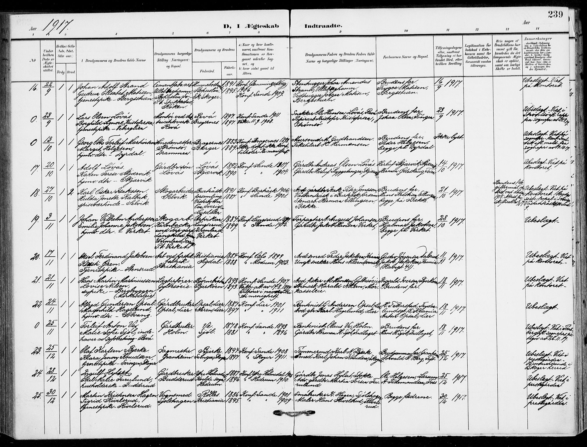 Sande Kirkebøker, AV/SAKO-A-53/F/Fa/L0008: Parish register (official) no. 8, 1904-1921, p. 239