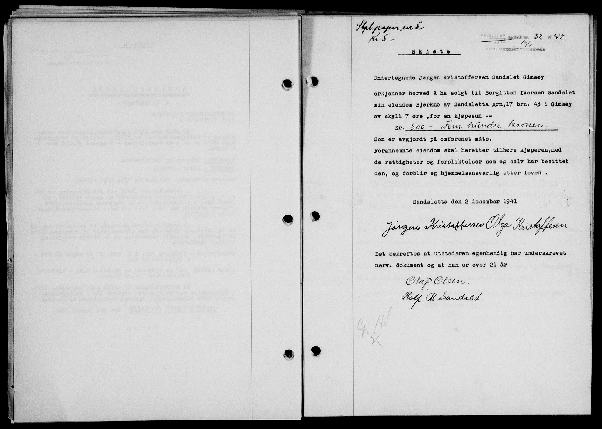 Lofoten sorenskriveri, SAT/A-0017/1/2/2C/L0009a: Mortgage book no. 9a, 1941-1942, Diary no: : 32/1942