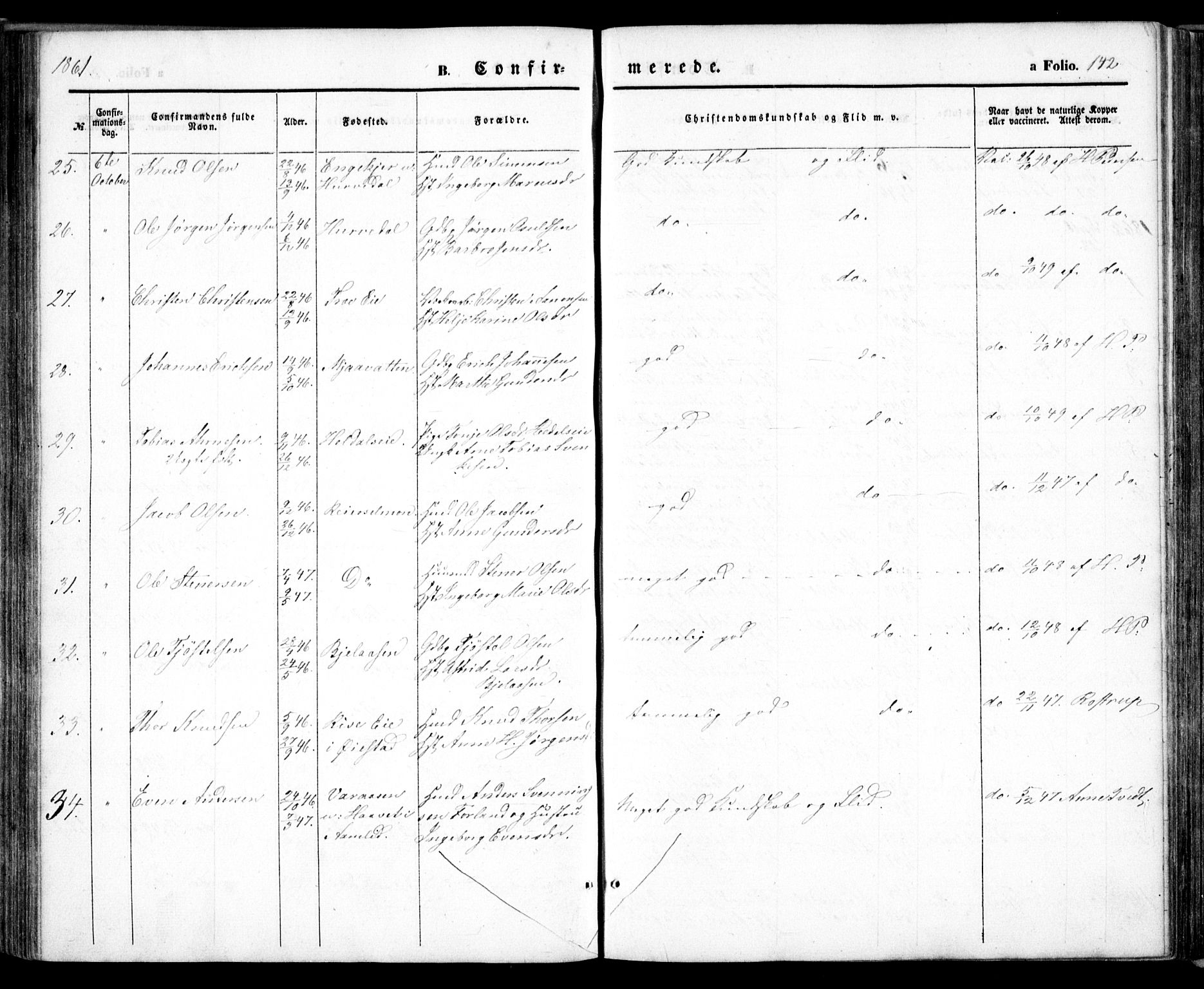 Froland sokneprestkontor, AV/SAK-1111-0013/F/Fa/L0002: Parish register (official) no. A 2, 1845-1863, p. 142