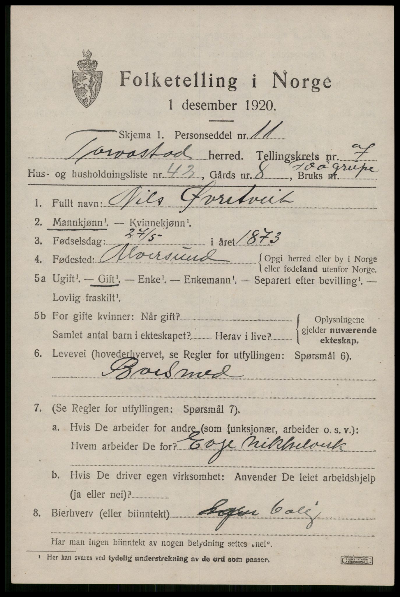 SAST, 1920 census for Torvastad, 1920, p. 5612