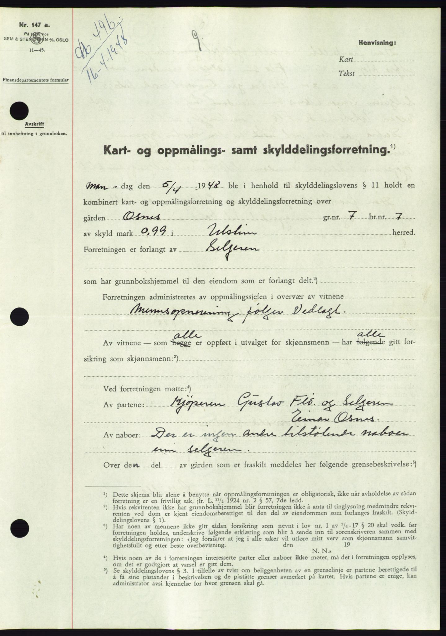 Søre Sunnmøre sorenskriveri, AV/SAT-A-4122/1/2/2C/L0082: Mortgage book no. 8A, 1948-1948, Diary no: : 496/1948