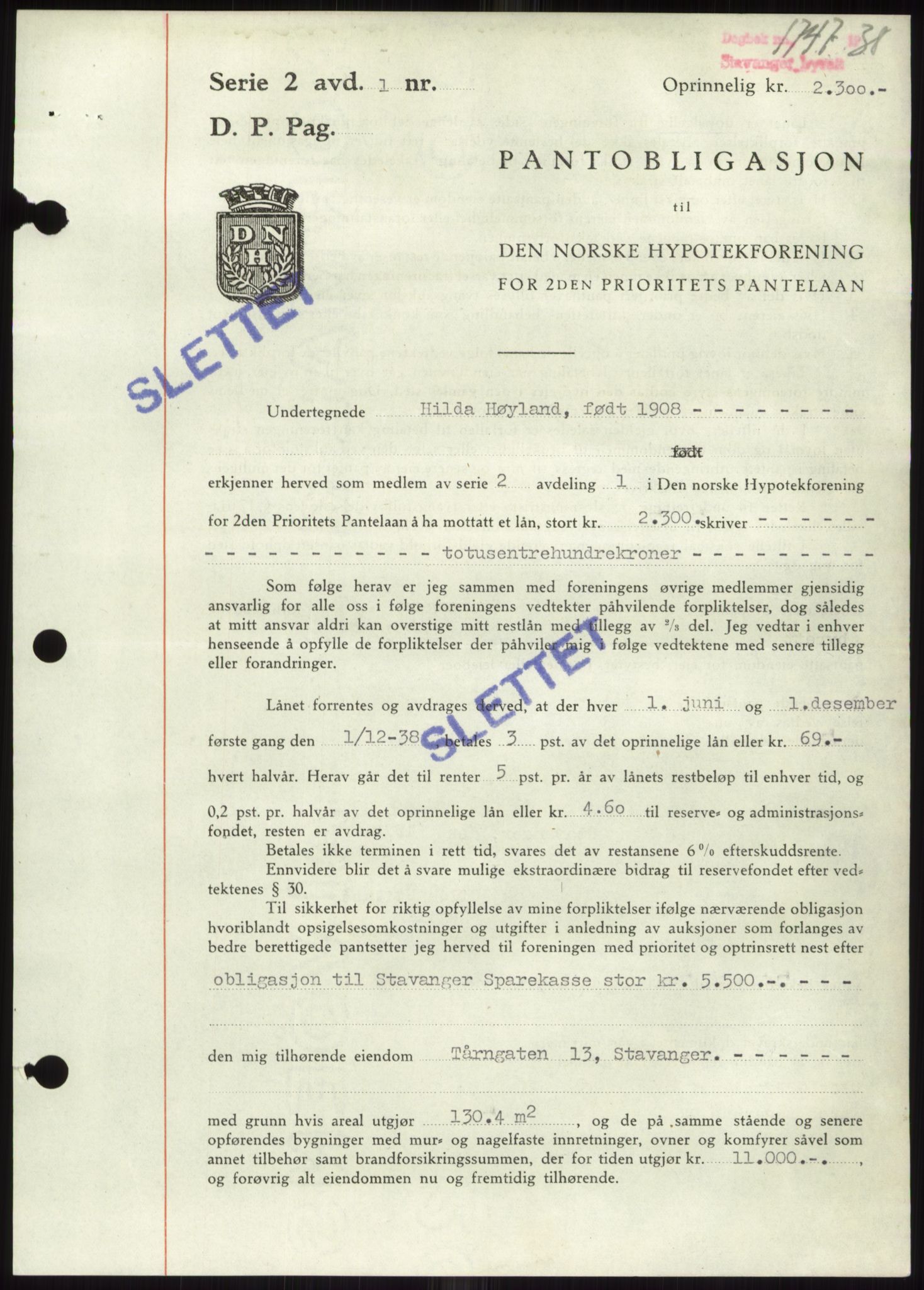 Stavanger byrett, AV/SAST-A-100455/002/G/Gb/L0033: Mortgage book, 1936-1950, Diary no: : 1747/1938