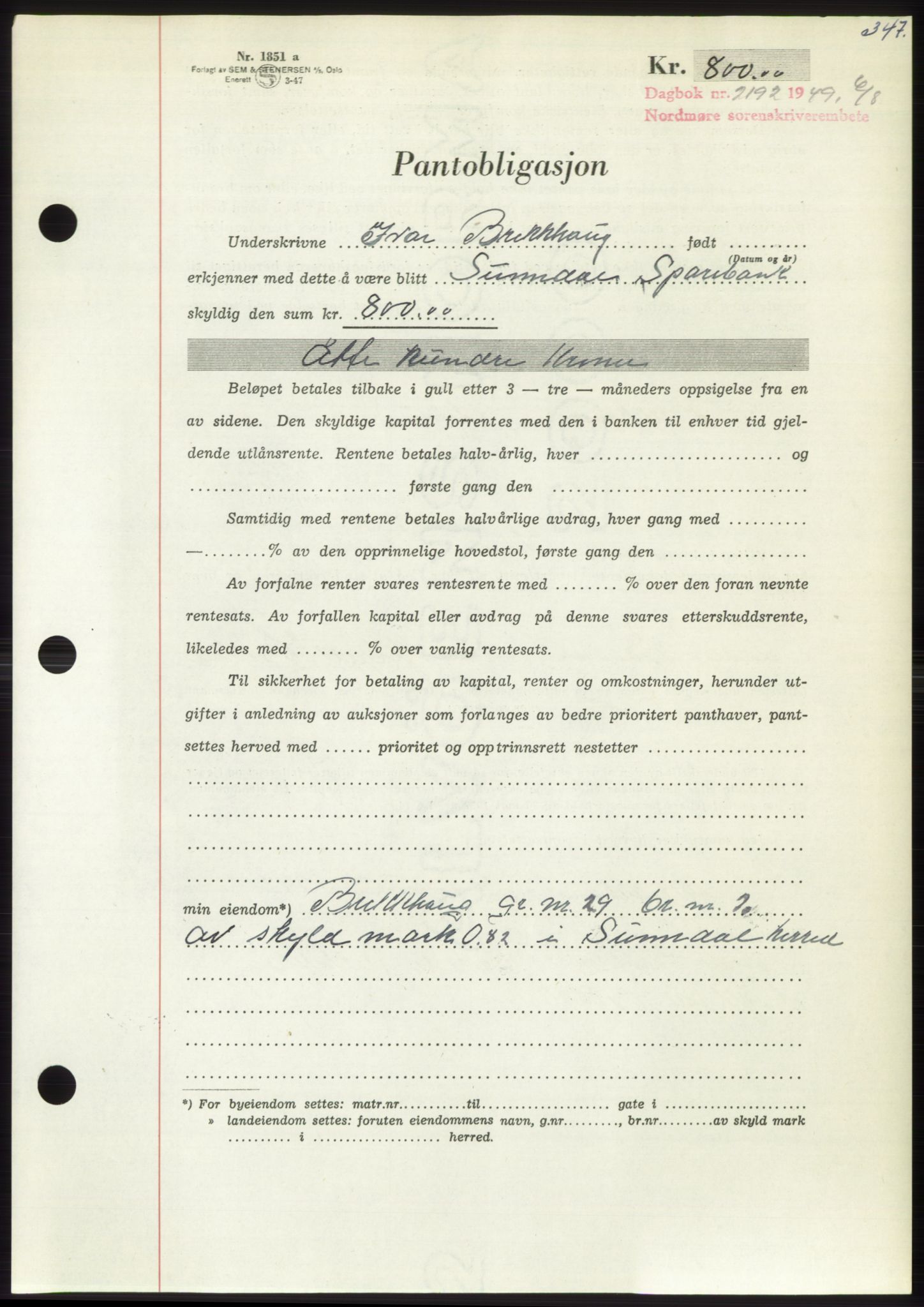 Nordmøre sorenskriveri, AV/SAT-A-4132/1/2/2Ca: Mortgage book no. B102, 1949-1949, Diary no: : 2192/1949