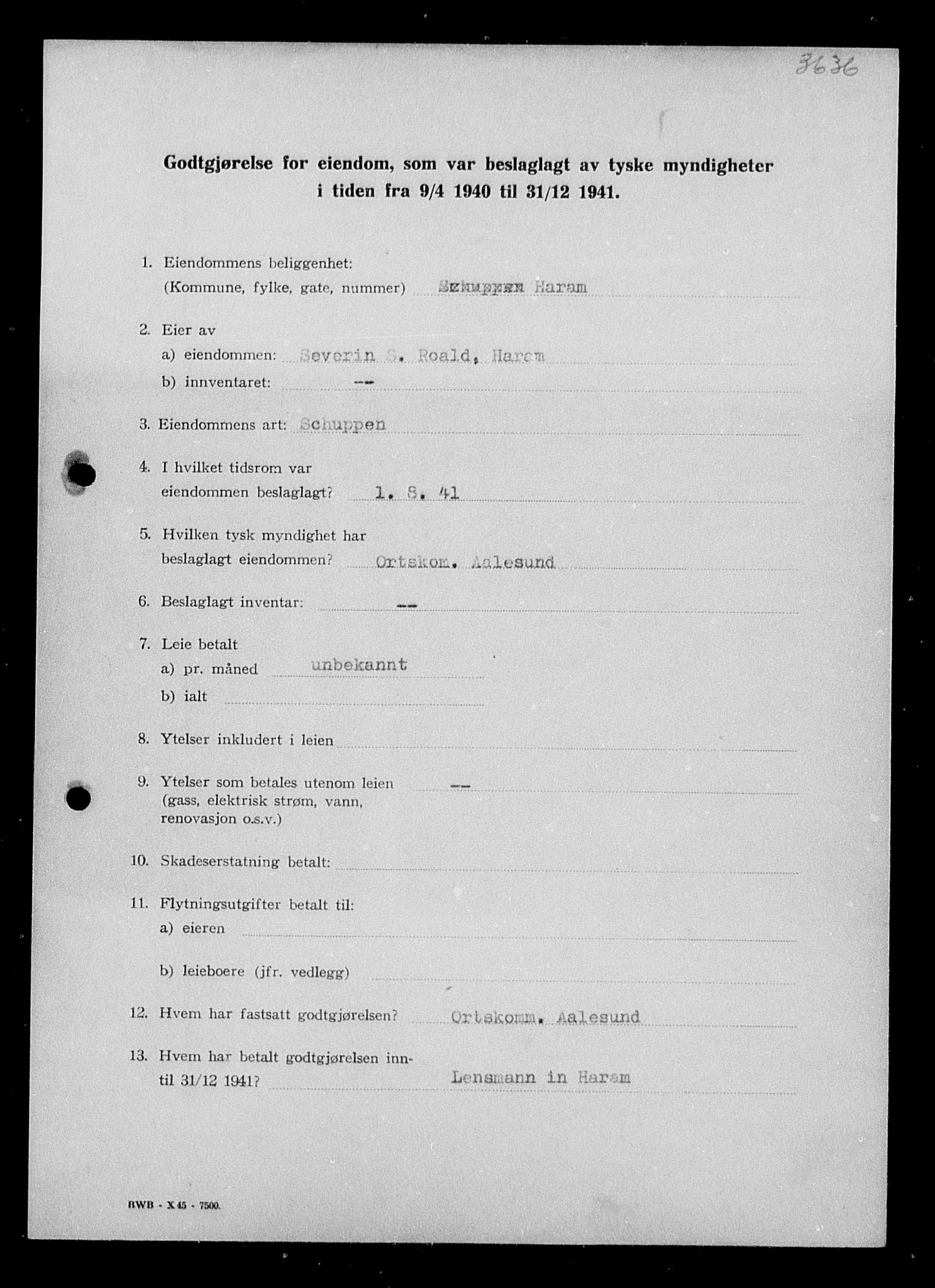 Justisdepartementet, Tilbakeføringskontoret for inndratte formuer, RA/S-1564/I/L1017: Godtgjørelse for beslaglagt eiendom, 1940-1941, p. 44