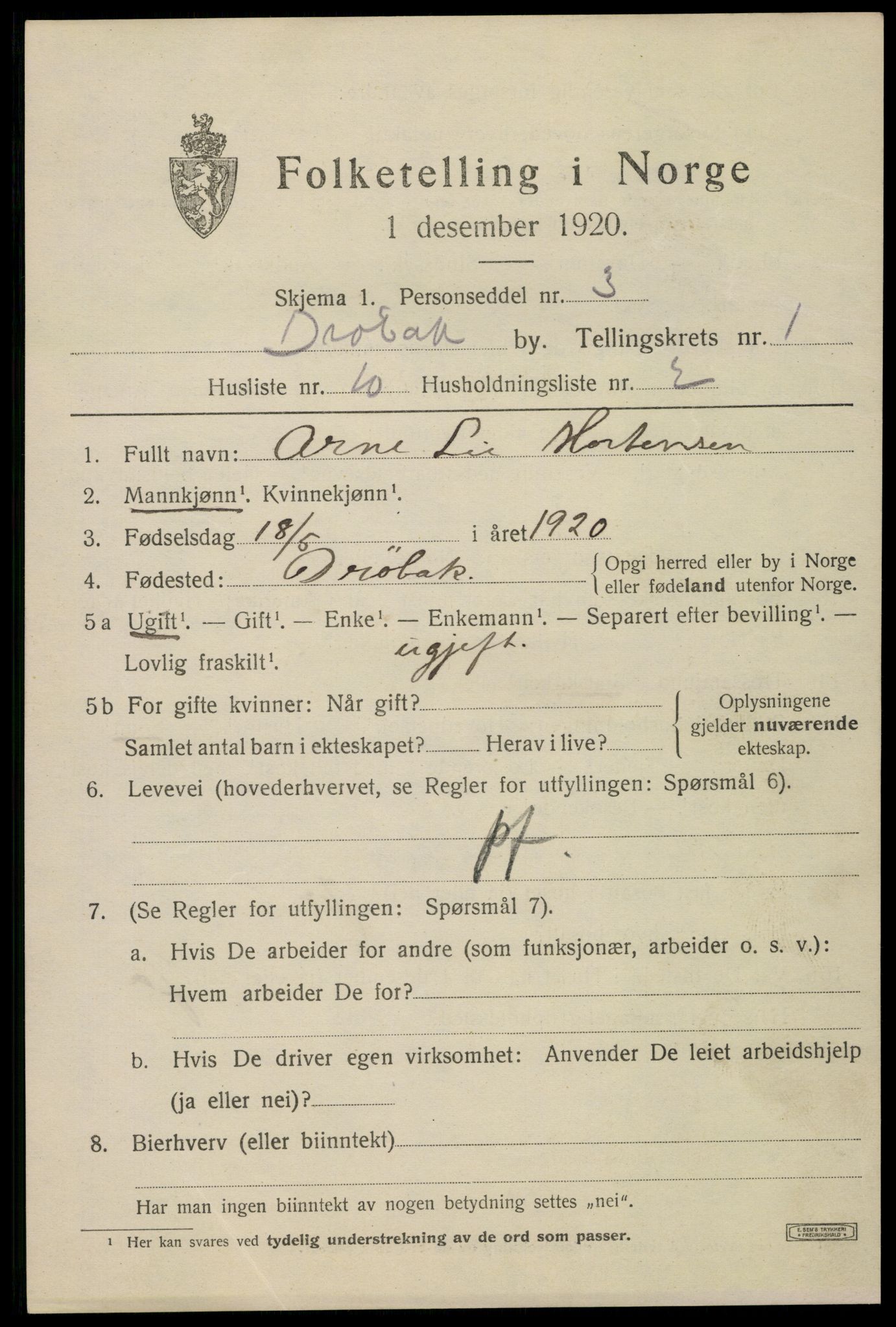 SAO, 1920 census for Drøbak, 1920, p. 2107