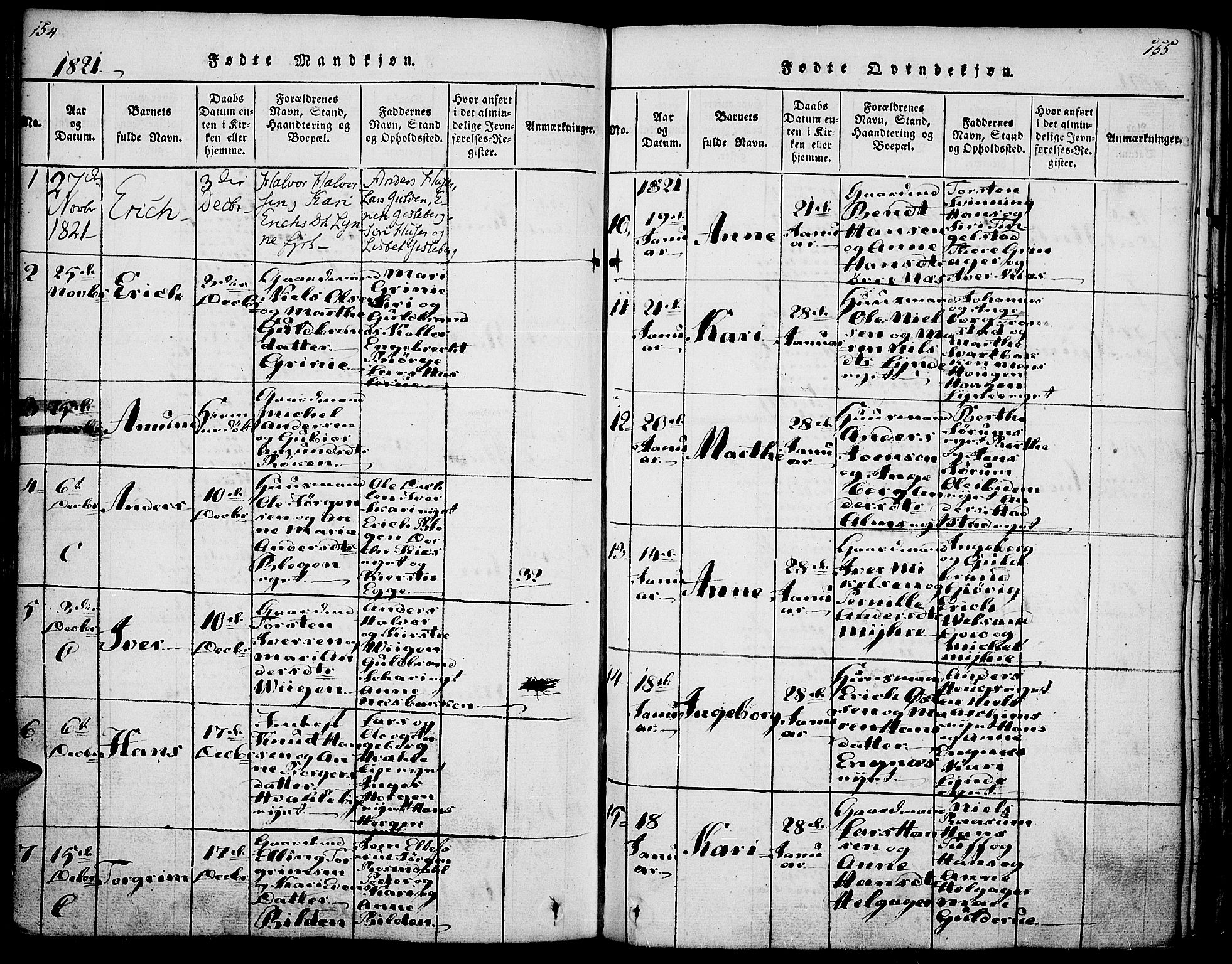 Gran prestekontor, SAH/PREST-112/H/Ha/Haa/L0009: Parish register (official) no. 9, 1815-1824, p. 154-155