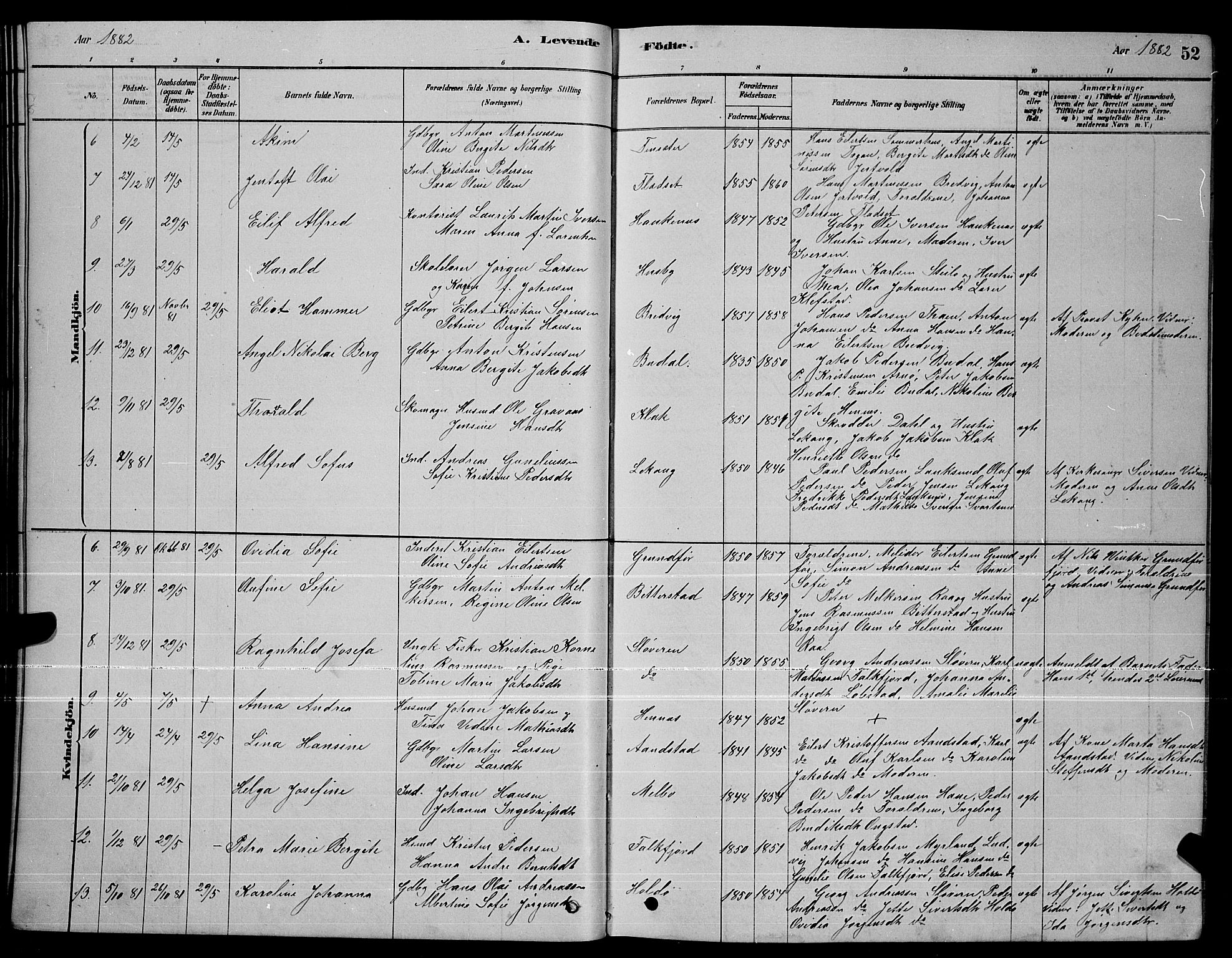 Ministerialprotokoller, klokkerbøker og fødselsregistre - Nordland, AV/SAT-A-1459/888/L1267: Parish register (copy) no. 888C05, 1878-1890, p. 52