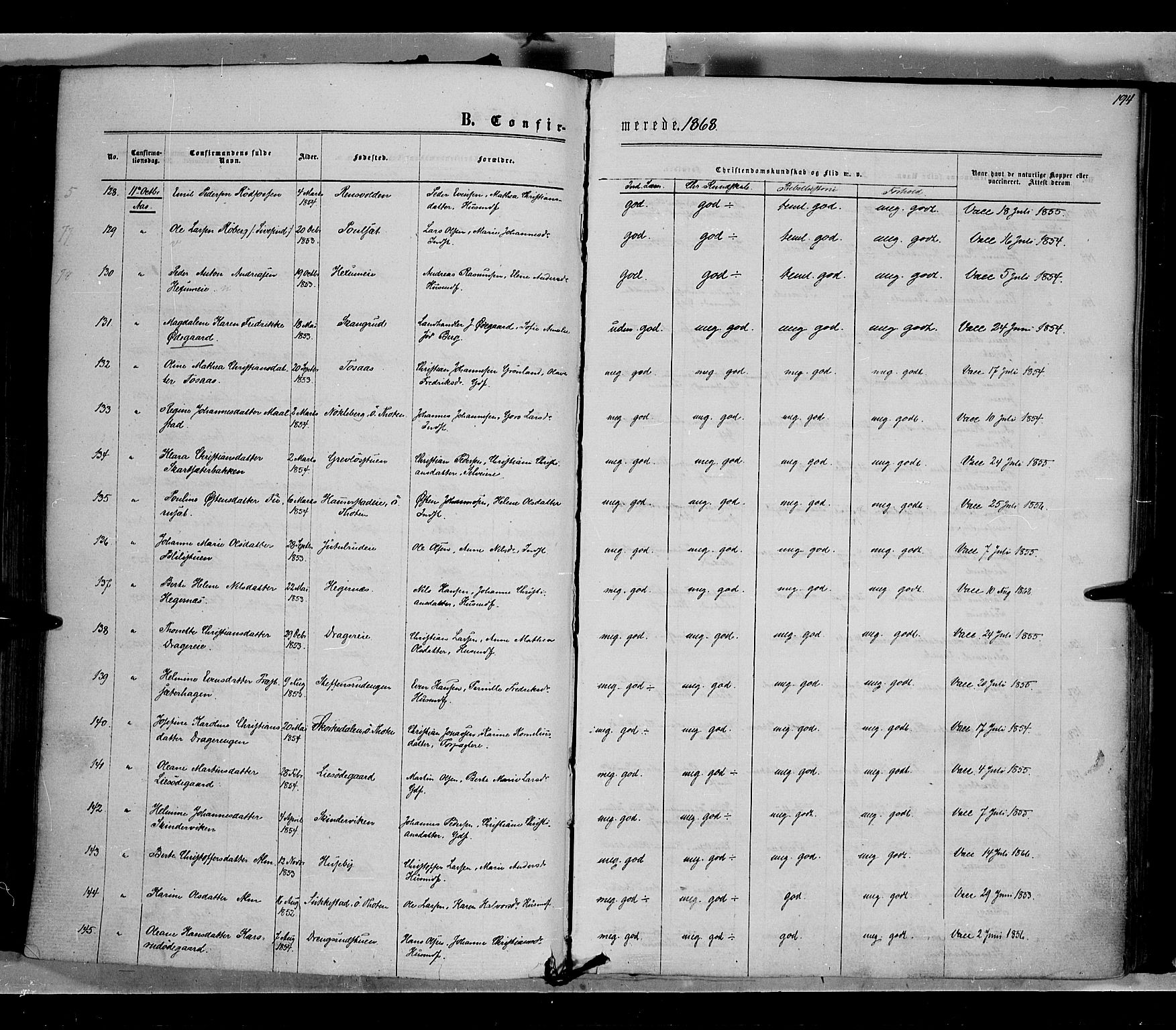 Vestre Toten prestekontor, AV/SAH-PREST-108/H/Ha/Haa/L0007: Parish register (official) no. 7, 1862-1869, p. 194