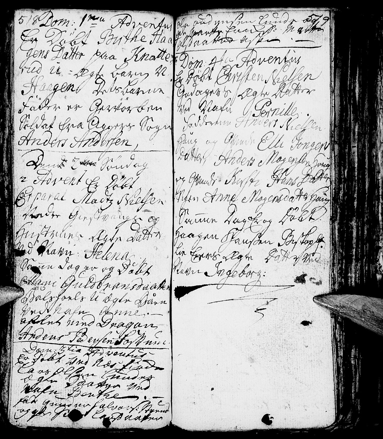 Nes prestekontor, Hedmark, AV/SAH-PREST-020/L/La/L0001: Parish register (copy) no. 1, 1663-1784, p. 518-519