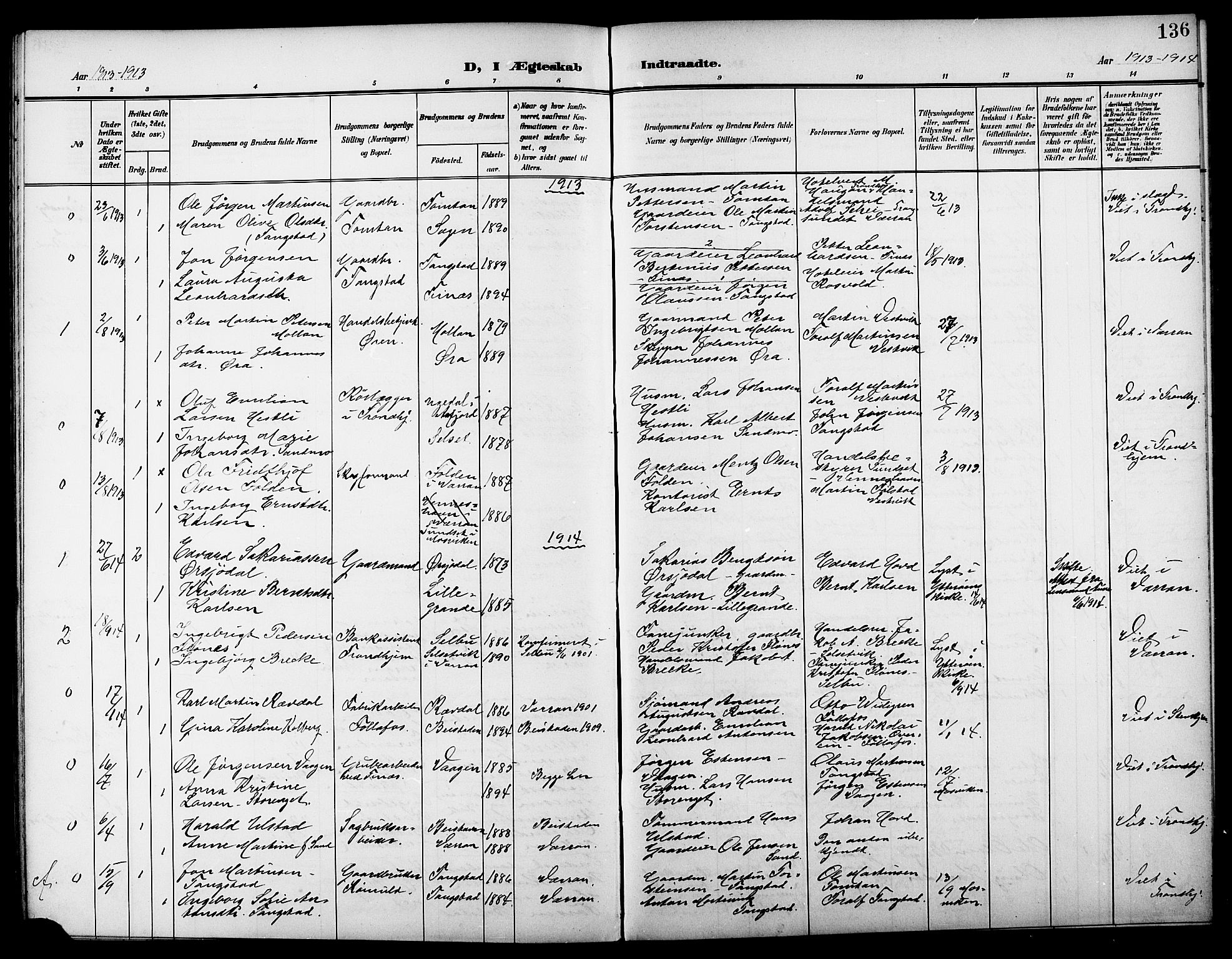 Ministerialprotokoller, klokkerbøker og fødselsregistre - Nord-Trøndelag, SAT/A-1458/744/L0424: Parish register (copy) no. 744C03, 1906-1923, p. 136