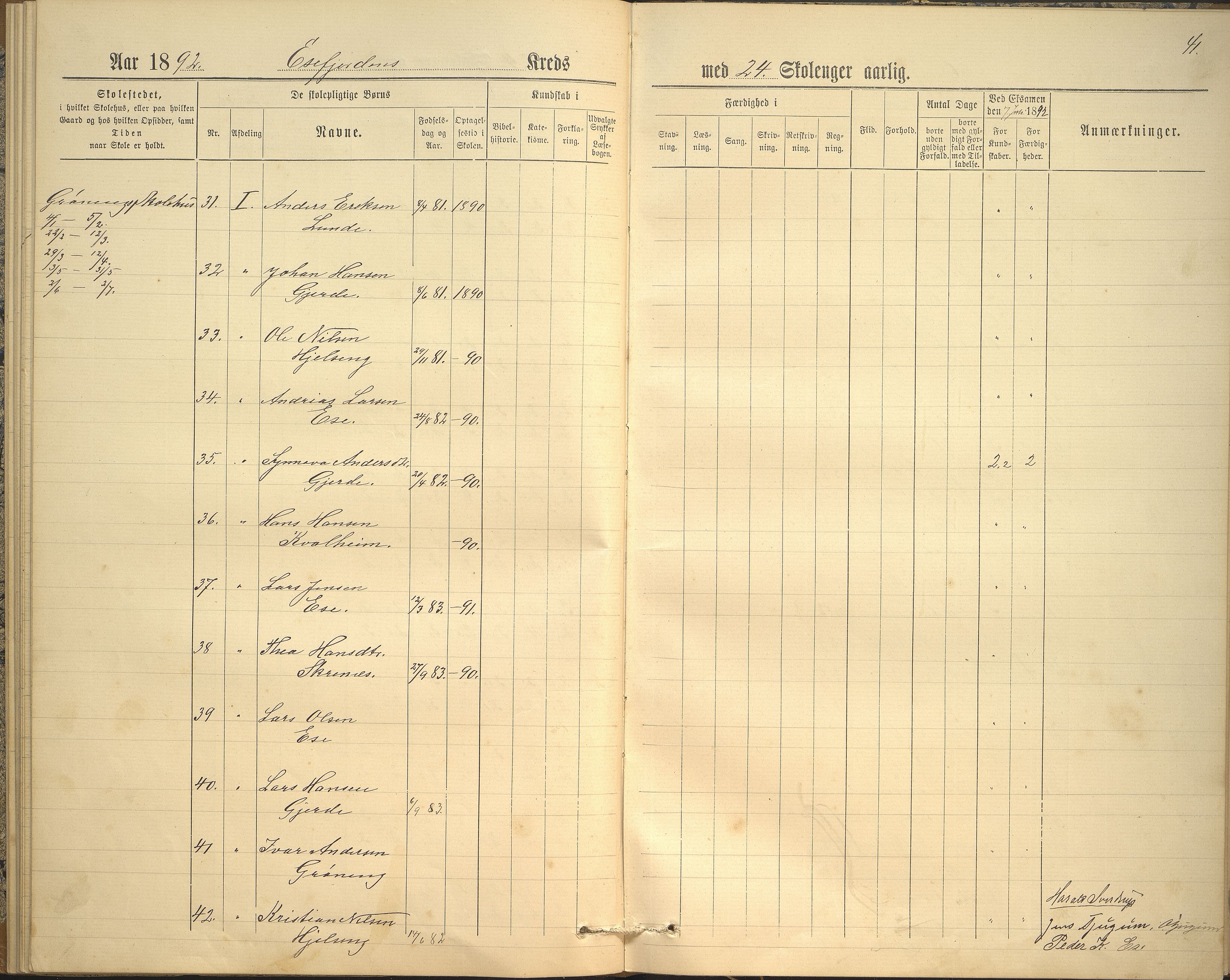 Balestrand kommune. Grøneng skule/Esefjorden skulekrins, VLFK/K-14180.520.07/542/L0001: skuleprotokoll for Esefjorden skulekrins, 1885-1913, p. 41