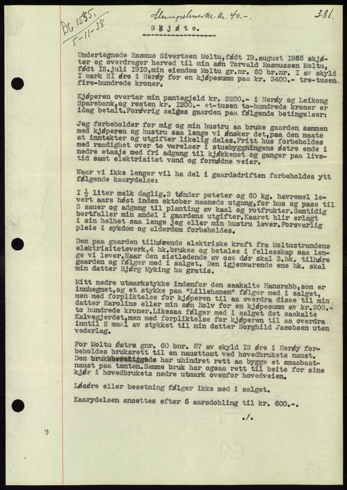 Søre Sunnmøre sorenskriveri, AV/SAT-A-4122/1/2/2C/L0066: Mortgage book no. 60, 1938-1938, Diary no: : 1535/1938