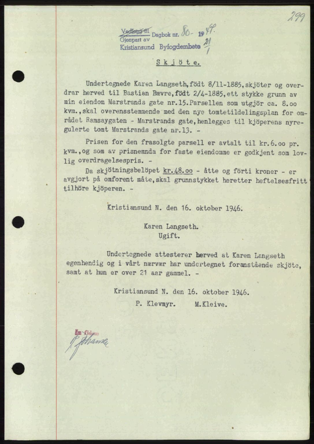 Kristiansund byfogd, AV/SAT-A-4587/A/27: Mortgage book no. 39b, 1946-1947, Diary no: : 80/1947