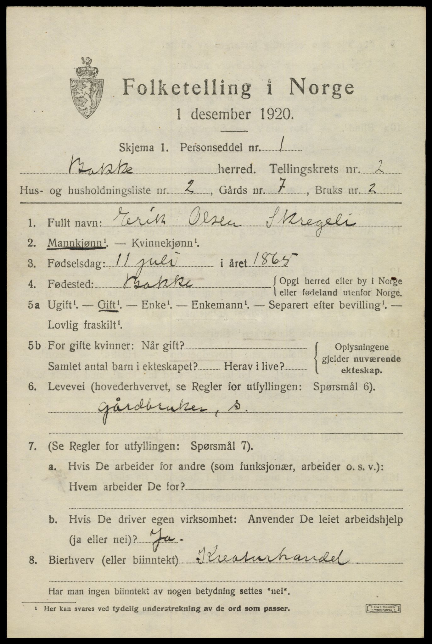 SAK, 1920 census for Bakke, 1920, p. 840