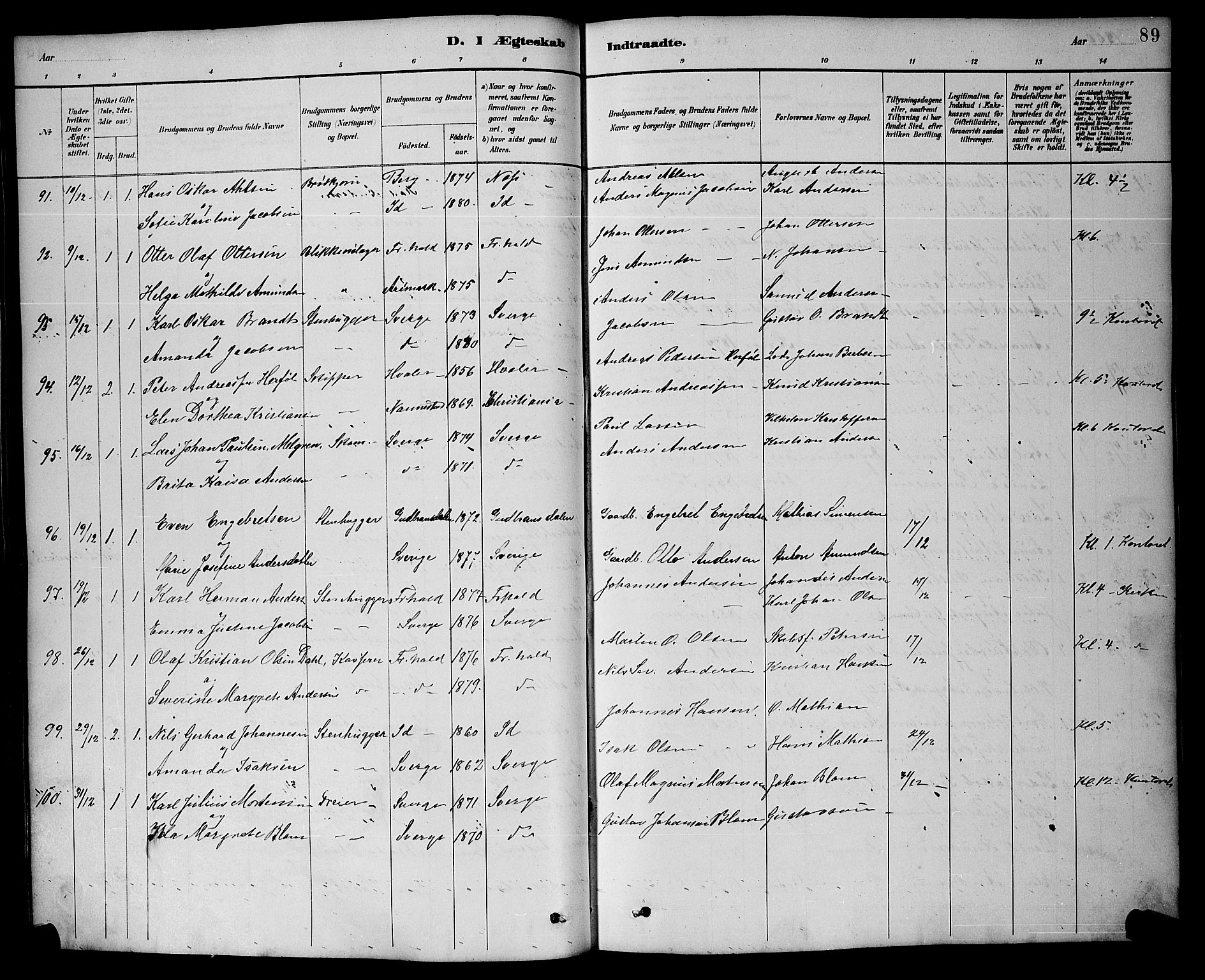 Halden prestekontor Kirkebøker, AV/SAO-A-10909/G/Ga/L0009: Parish register (copy) no. 9, 1885-1908, p. 89
