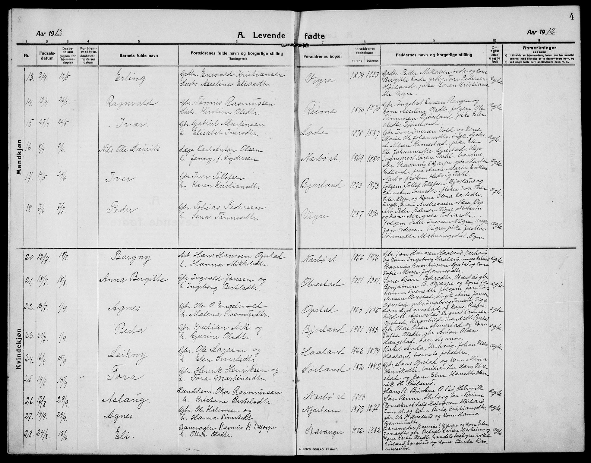 Hå sokneprestkontor, SAST/A-101801/001/30BB/L0007: Parish register (copy) no. B 7, 1912-1939, p. 4